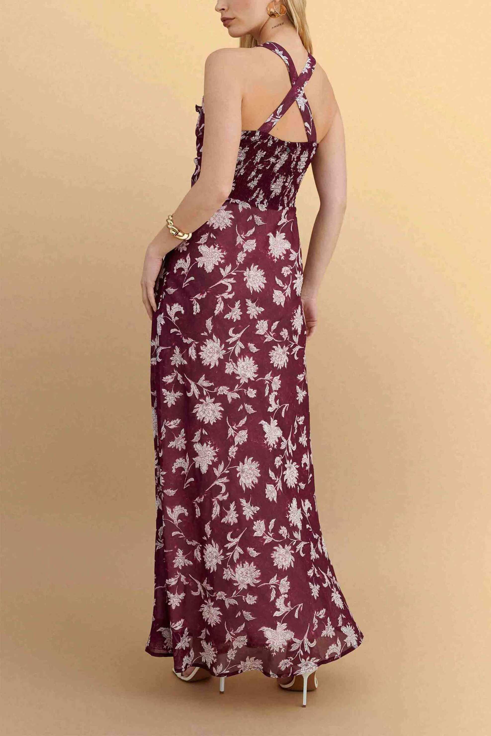 Attrativo Γυναικείo Maxi Αμάνικο Φόρεμα με Floral Print Και Βολάν - 9923167 Μπορντό