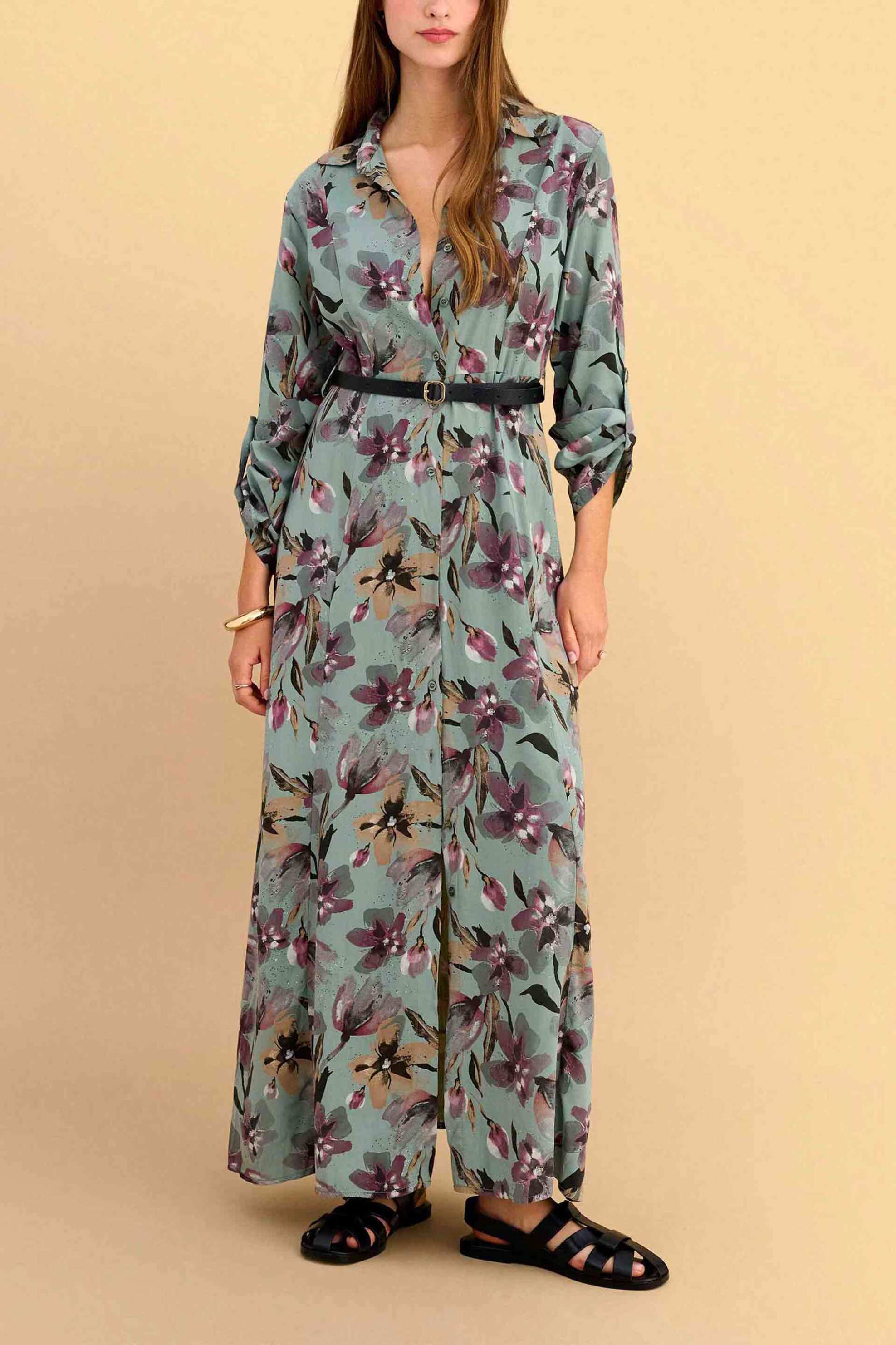 Attrativo γυναικείo maxi φόρεμα σεμιζιέ με floral print - 9924113 Χακί