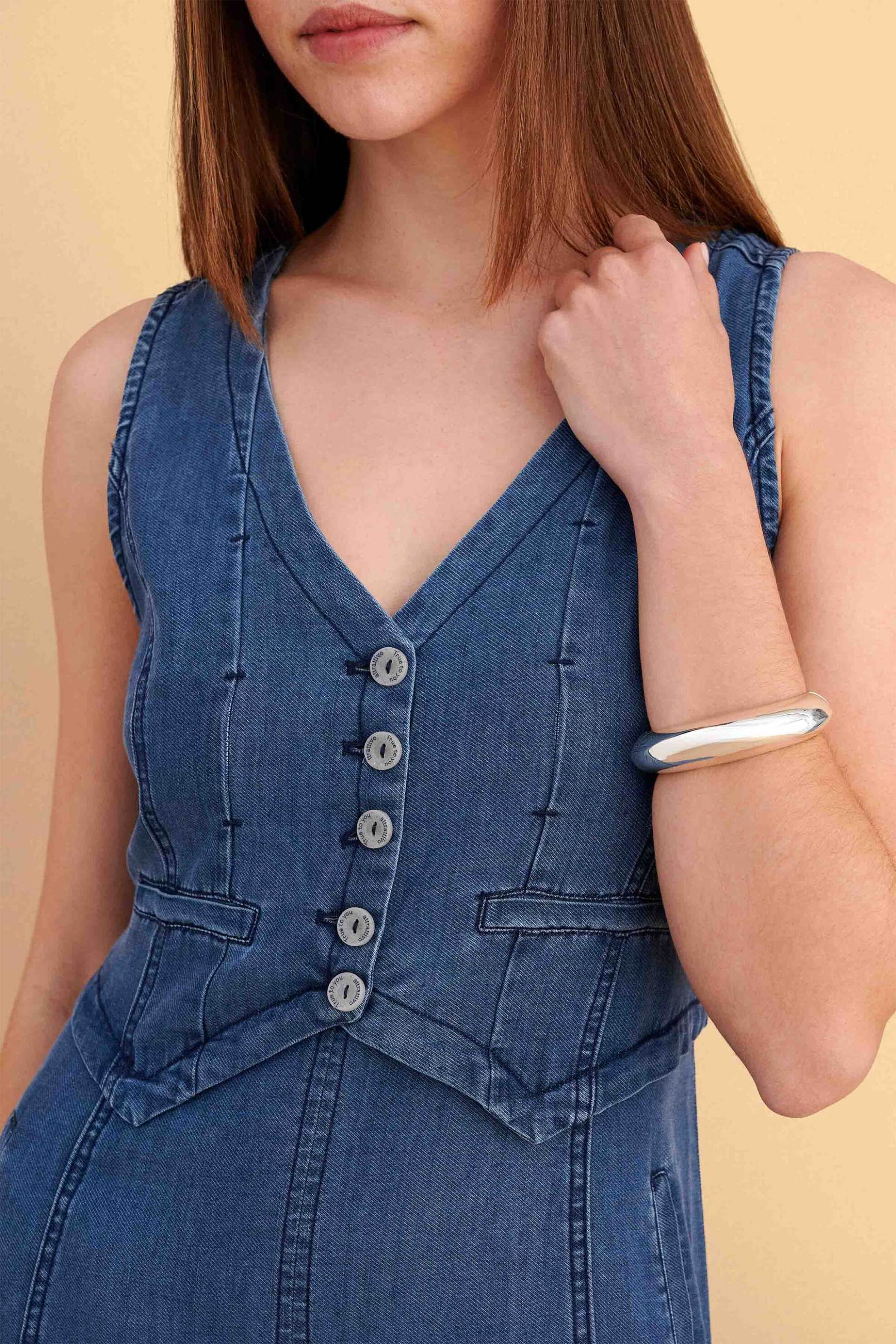 ATTRATTIVO Attrattivo γυναικείο midi αμάνικο denim φόρεμα - 9923103 Denim Blue - 2