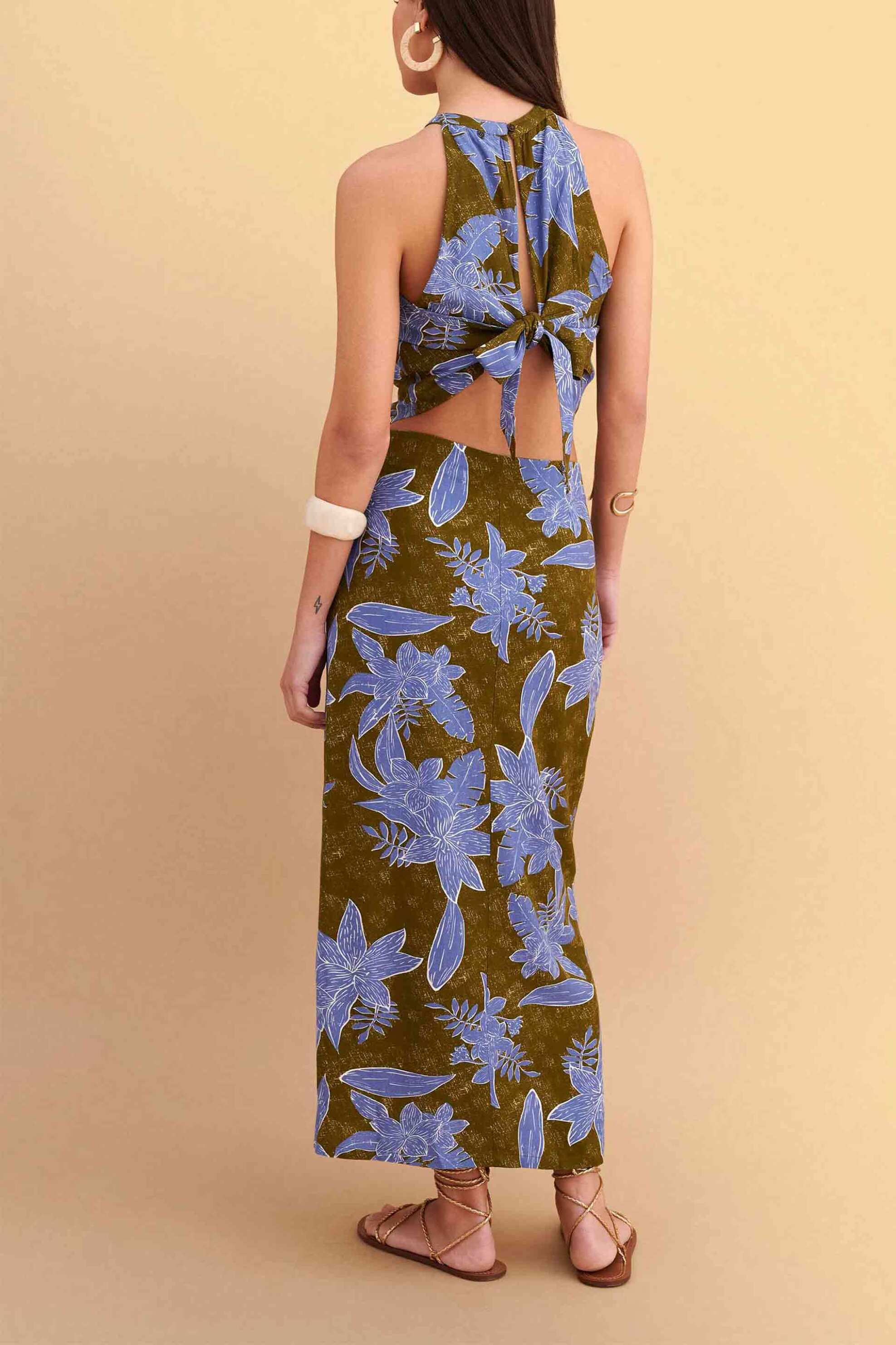 Attrativo Γυναικείο Αμάνικο Τοπ με Halter Neck Και Floral Print - 9923203 Μπλε