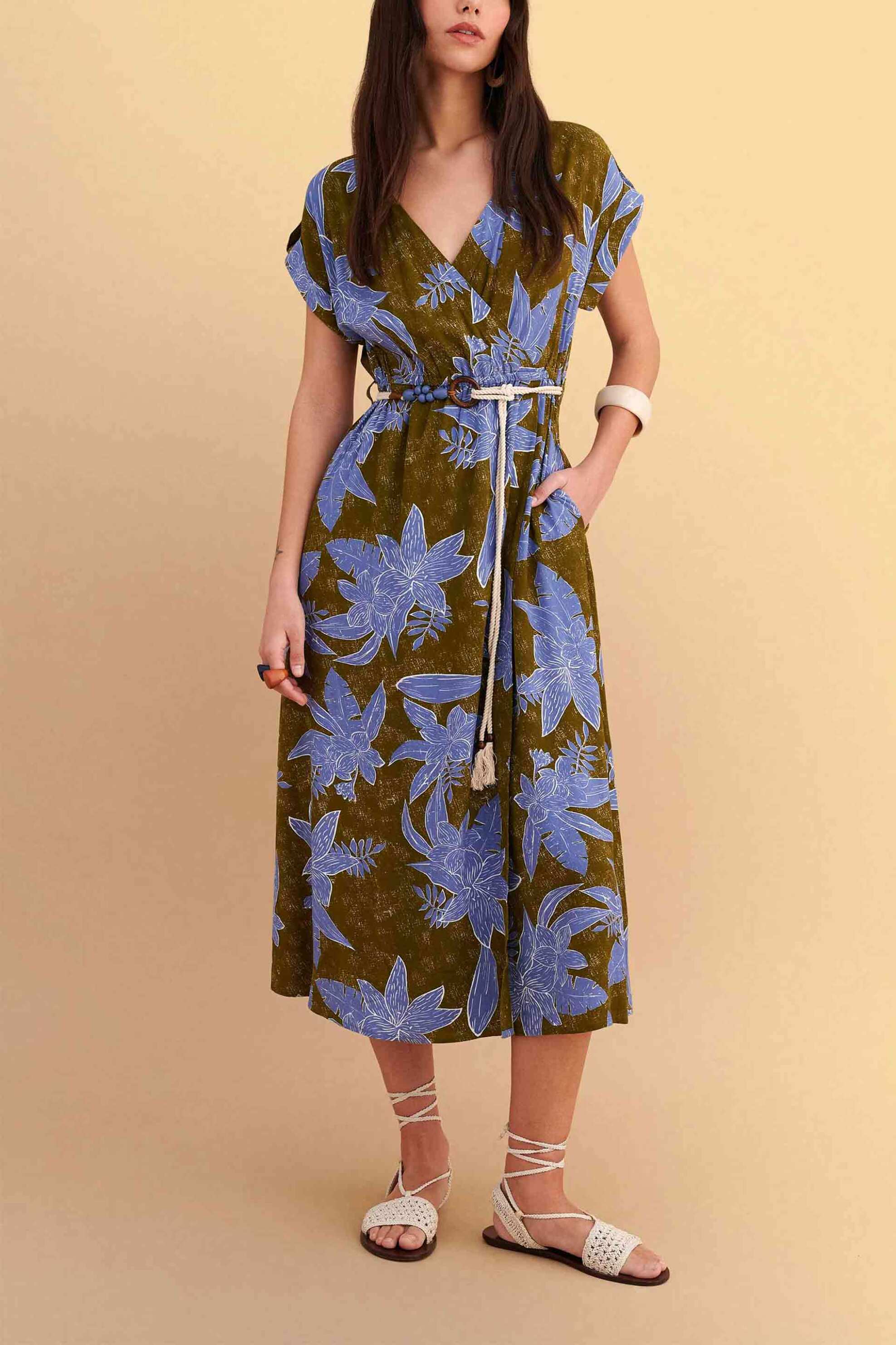 Attrativo γυναικεία midi κρουαζέ φόρεμα με floral print - 9923204 Μπλε