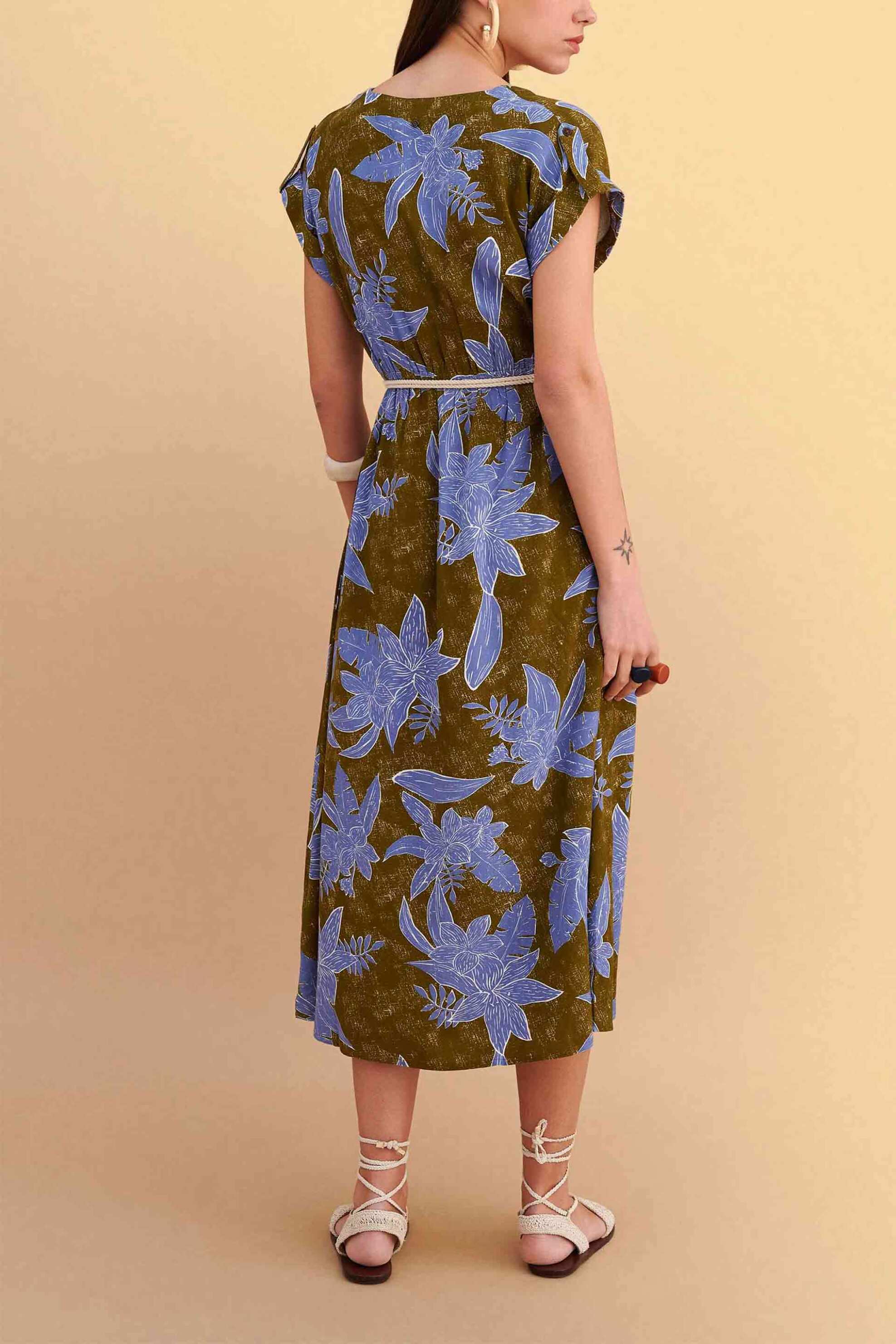 Attrativo Γυναικεία Midi Κρουαζέ Φόρεμα με Floral Print - 9923204 Μπλε