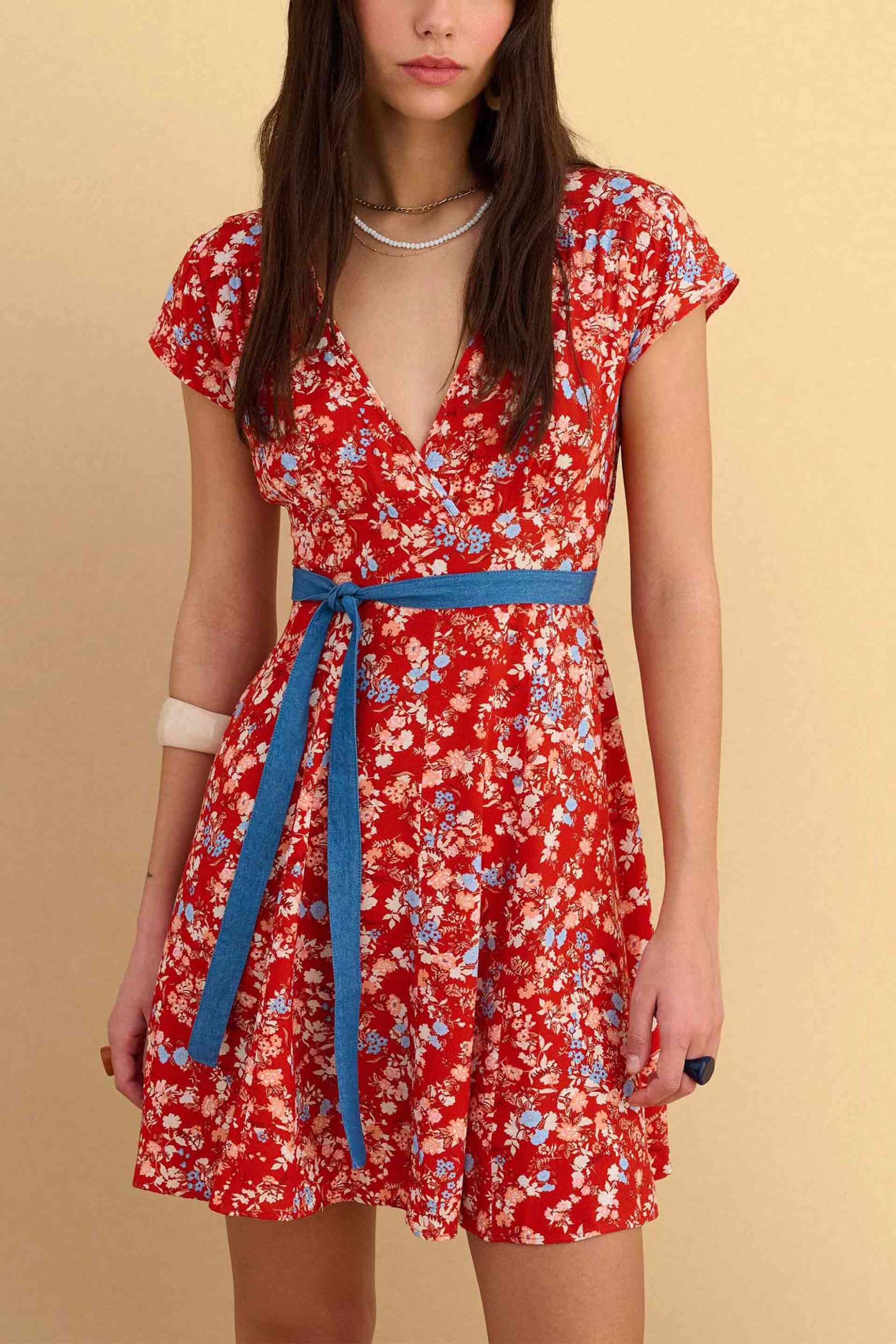 Attrativo γυναικείo mini φόρεμα με floral print - 91044802 Κόκκινο
