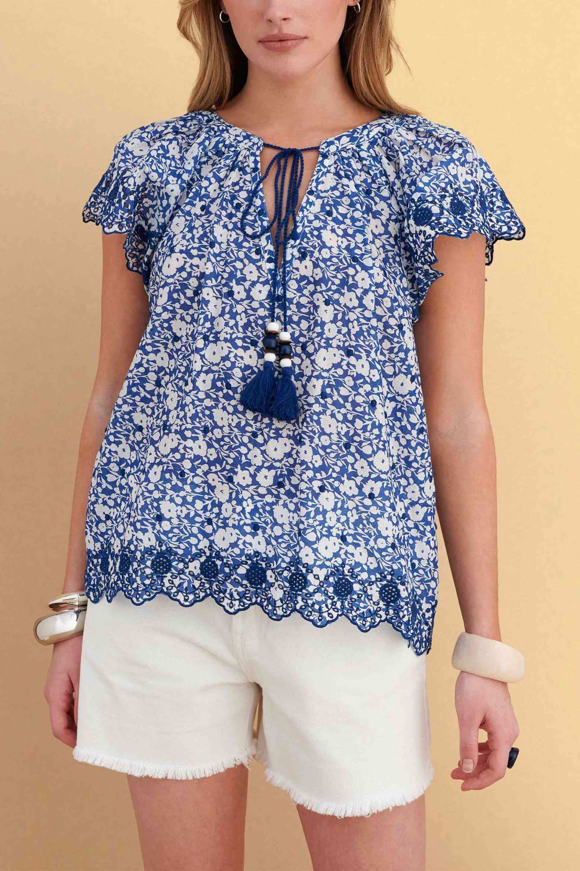 Attrativo γυναικεία μπλούζα με floral print και κέντημα - 9923280 Μπλε
