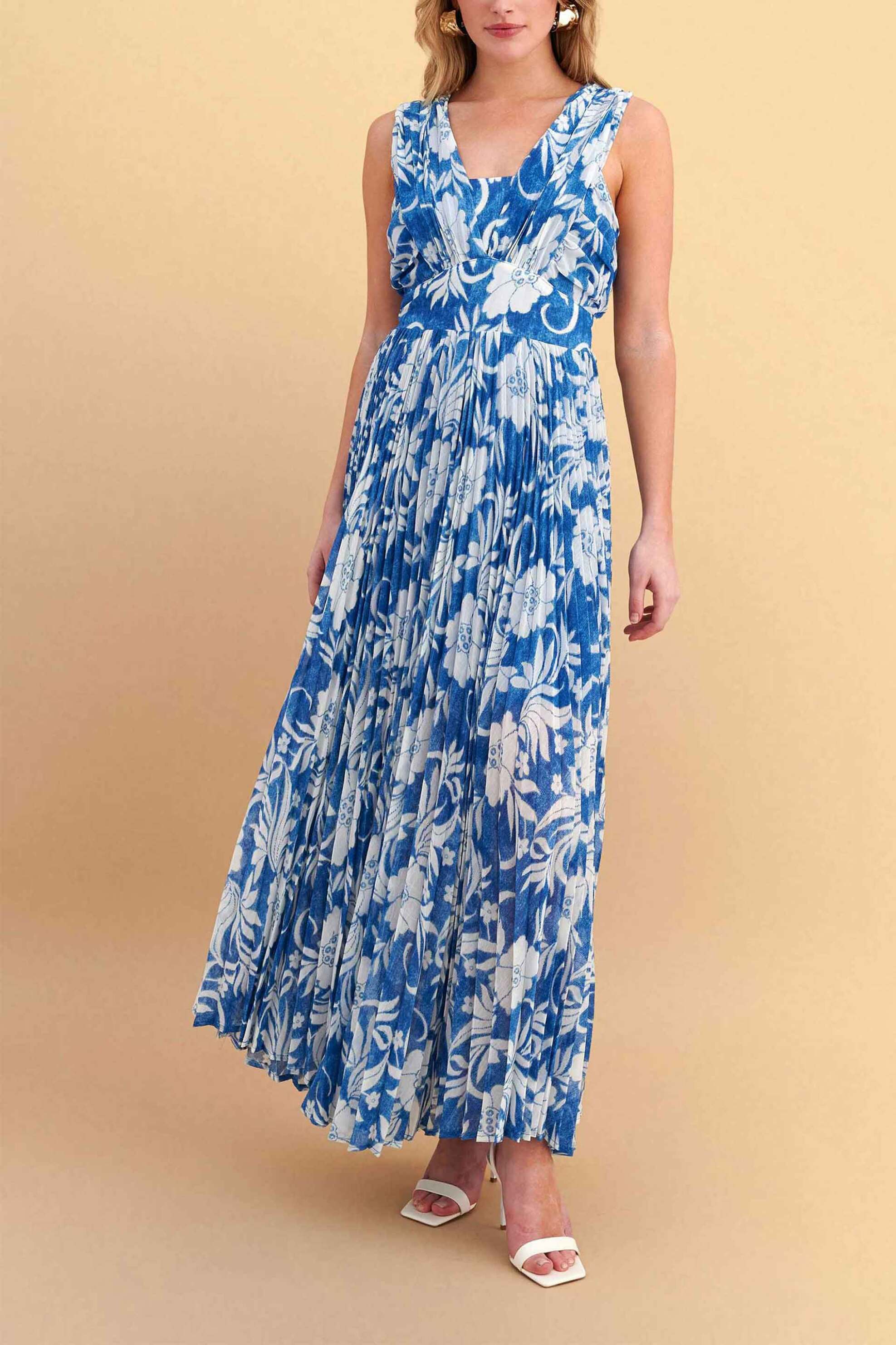 Attrativo γυναικείo maxi αμάνικο φόρεμα με floral print - 9923169 Μπλε Σκούρο