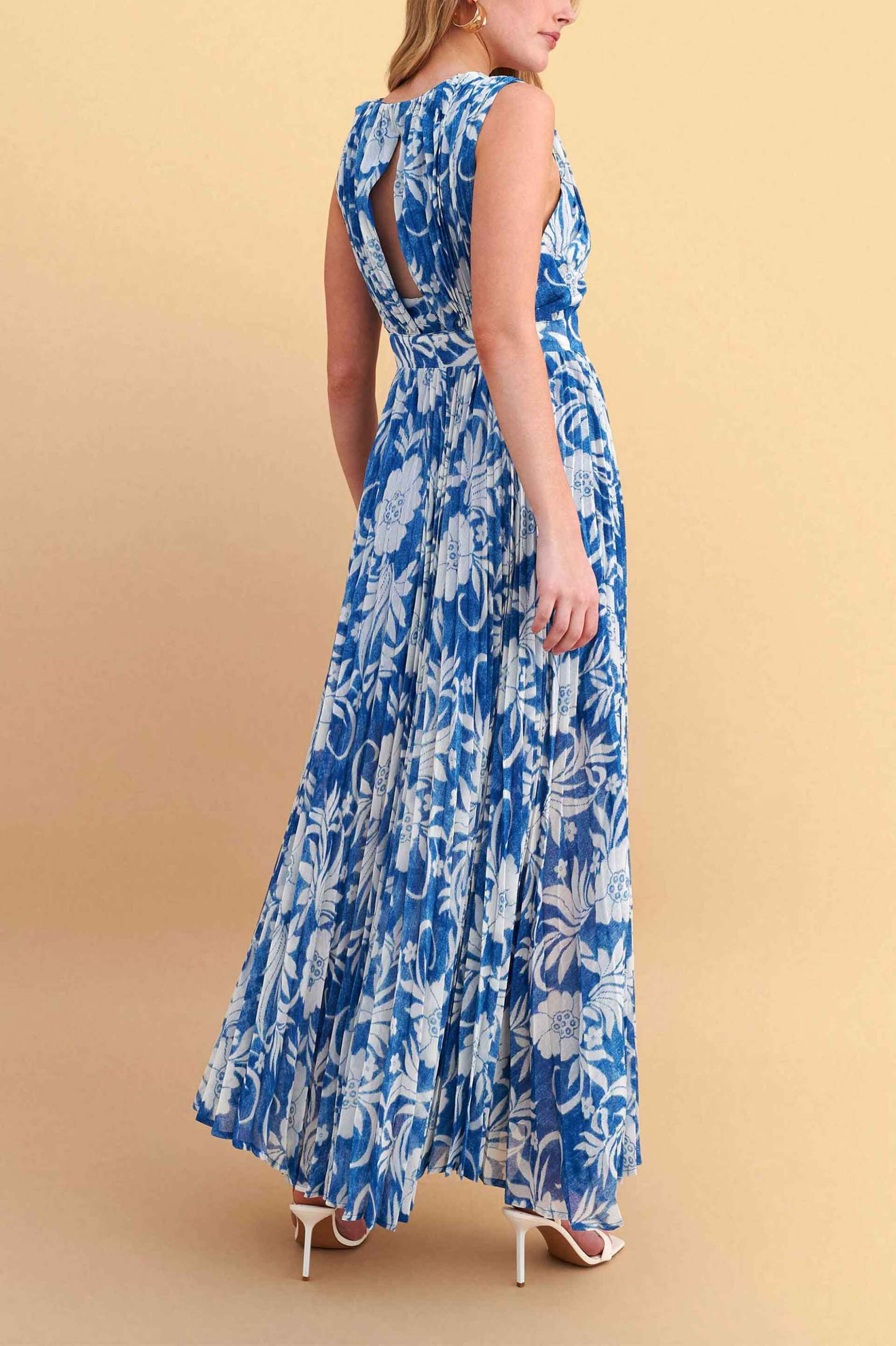 Attrativo Γυναικείo Maxi Αμάνικο Φόρεμα με Floral Print - 9923169 Μπλε Σκούρο