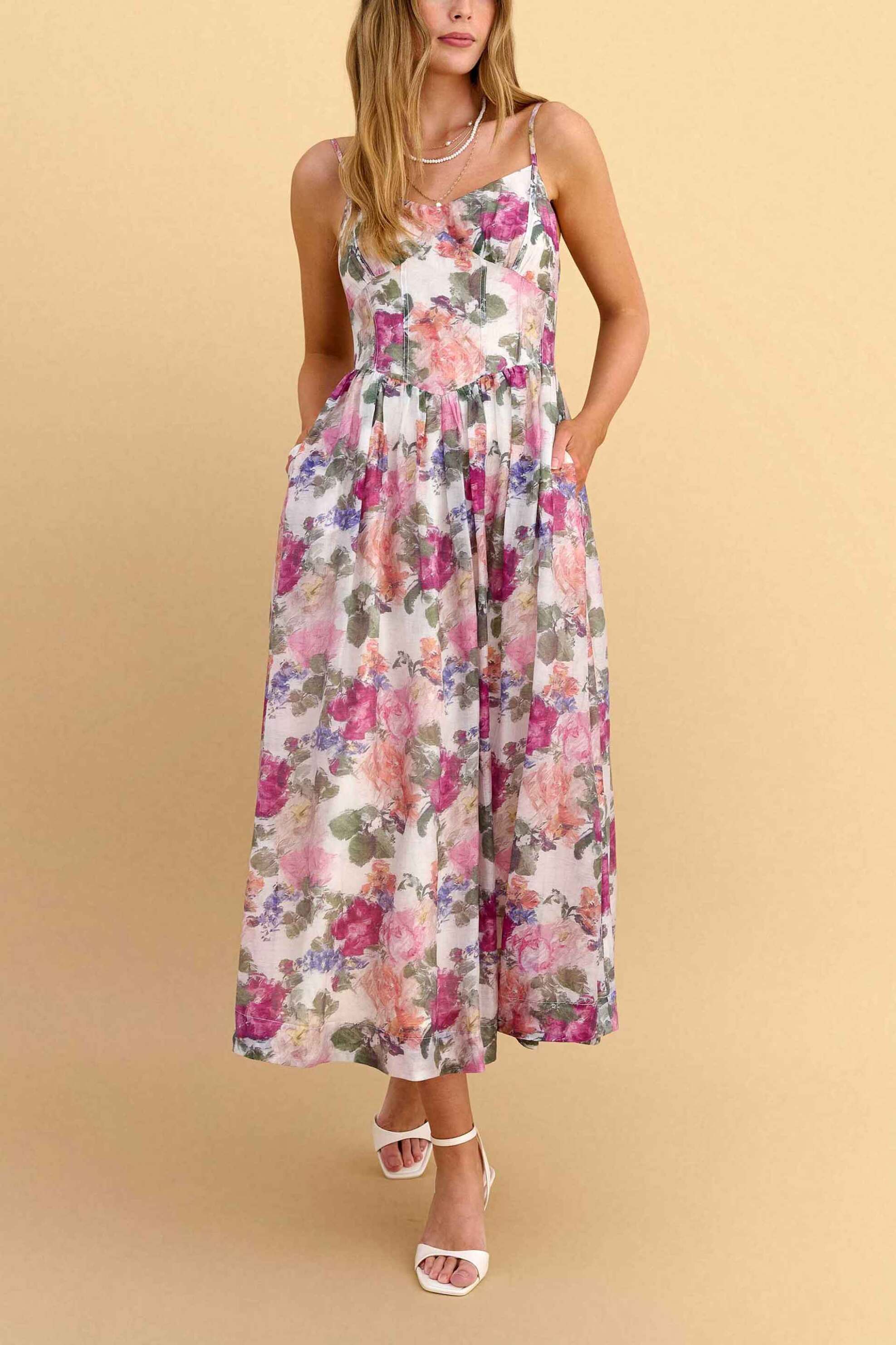 Attrativo γυναικεία midi αμάνικο φόρεμα με floral print - 9923208 Ροζ