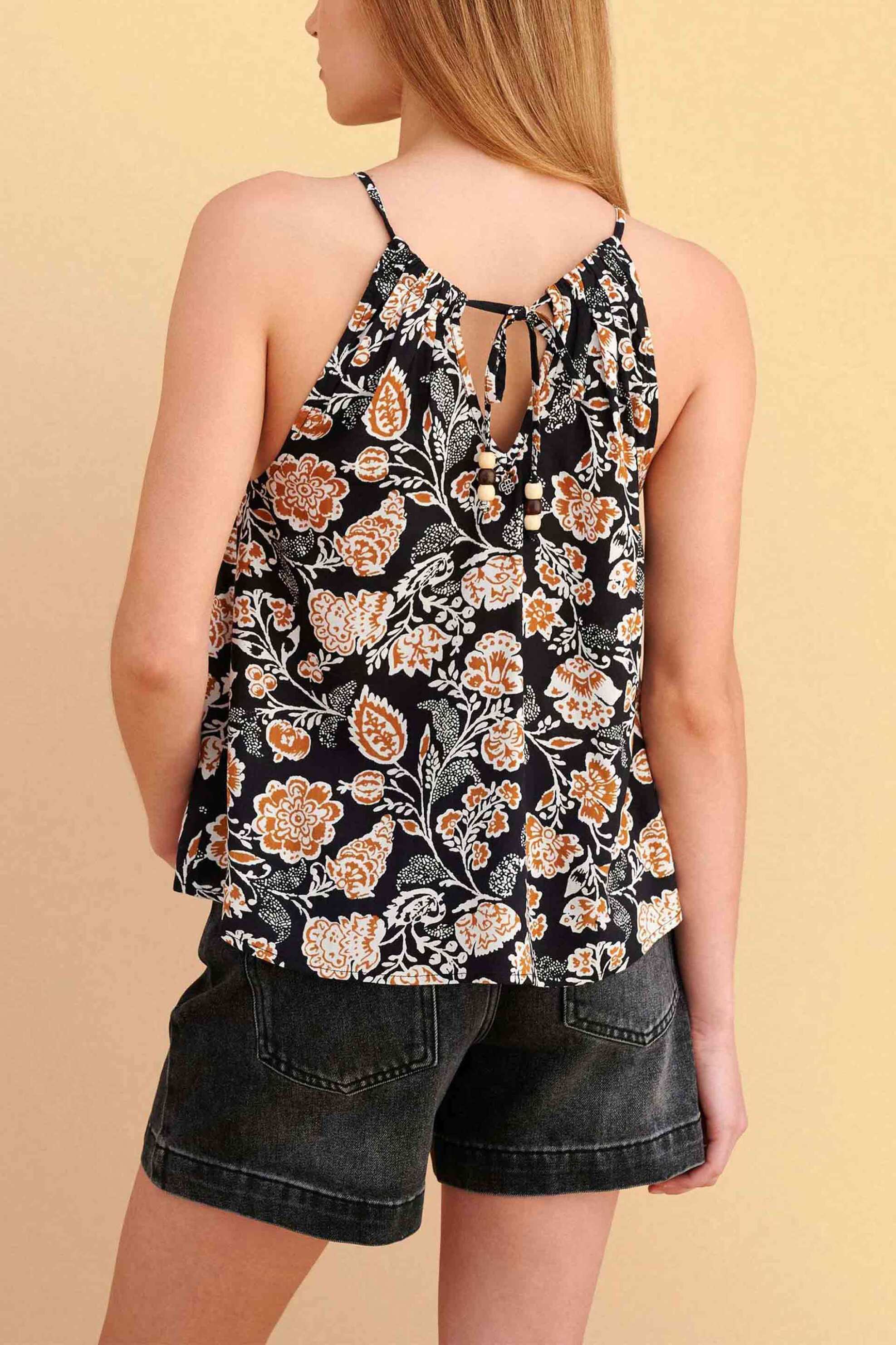Attrativo Γυναικείο Αμάνικο Τοπ με Floral Print - 9923502 Μαύρο