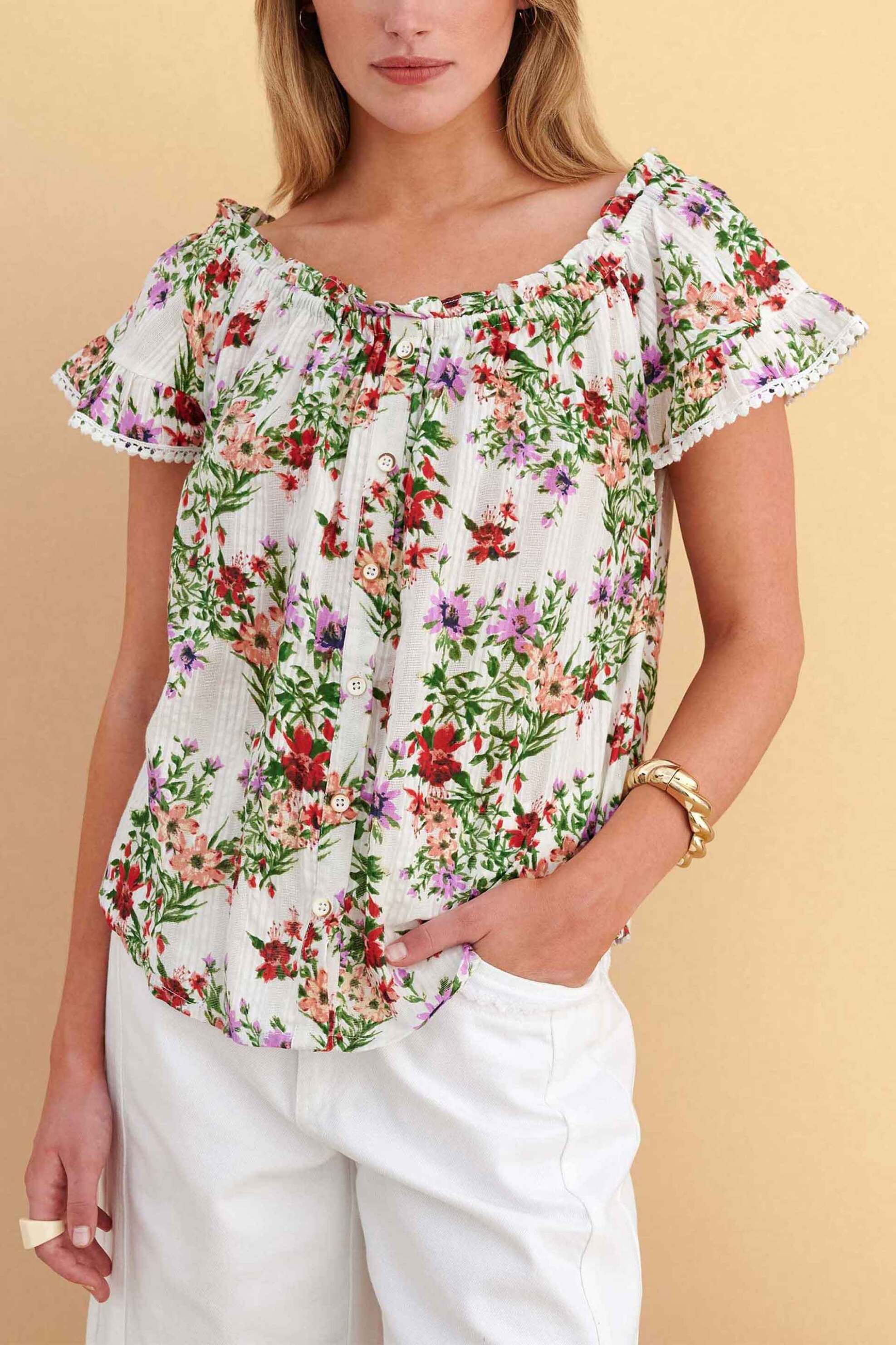 Attrattivo γυναικεία μπλούζα με carmen λαιμόκοψη και floral print - 9923296 Εκρού