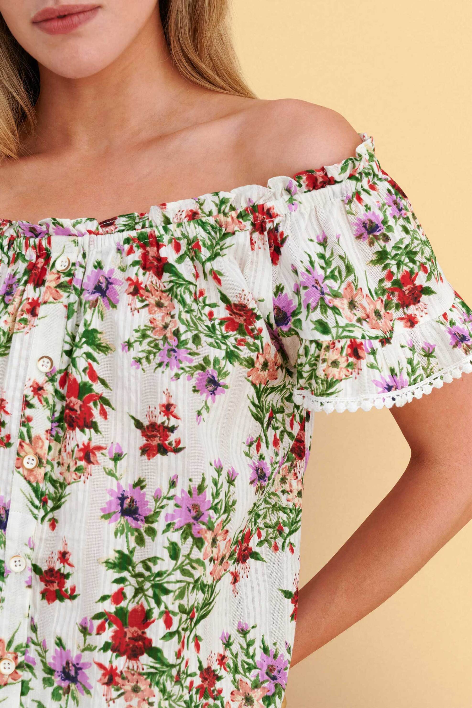 ATTRATTIVO Attrattivo γυναικεία μπλούζα με carmen λαιμόκοψη και floral print - 9923296 Εκρού - 2