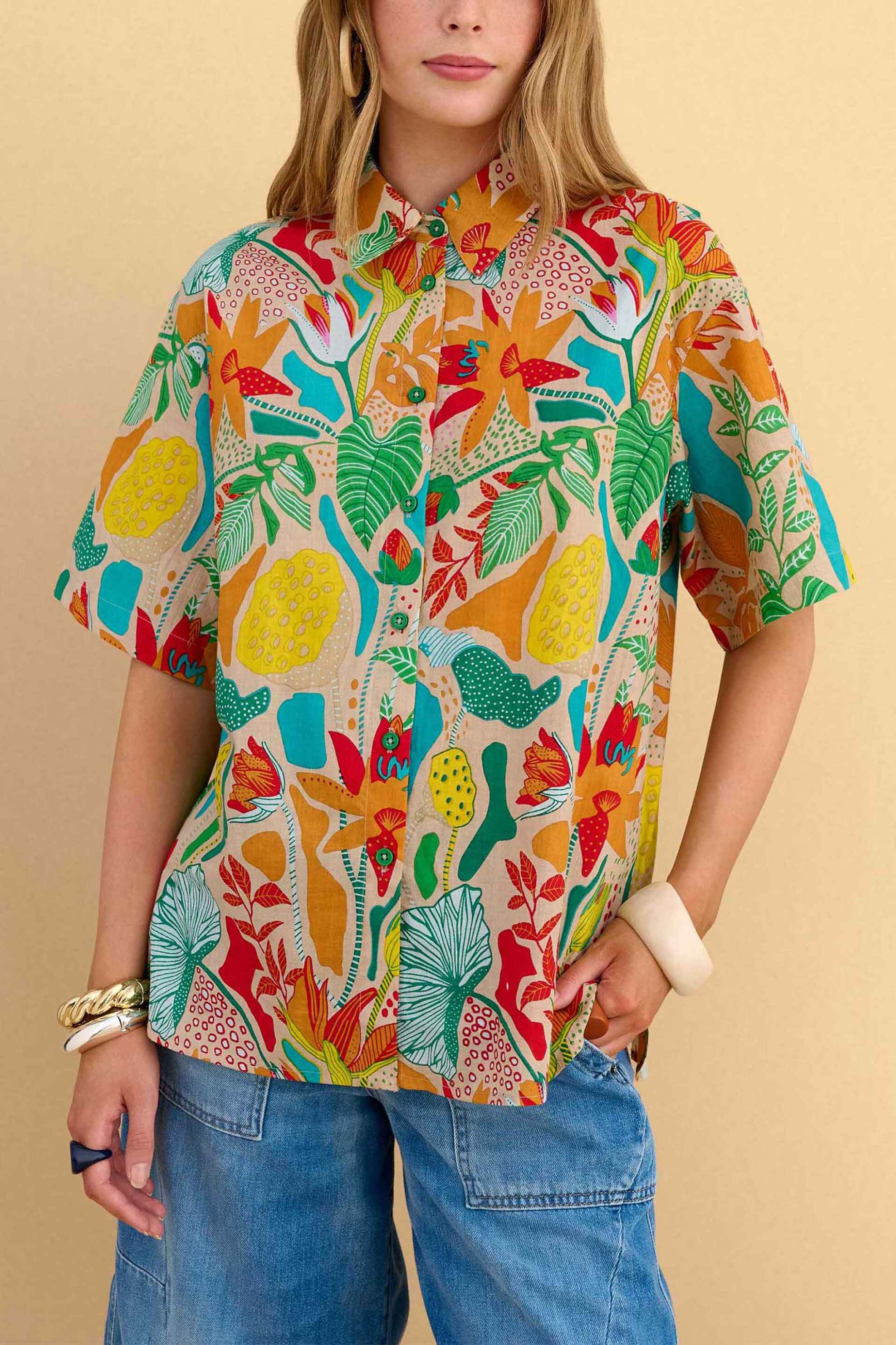 Attrativo γυναικείο πουκάμισο με floral print - 9923298 Μπλε
