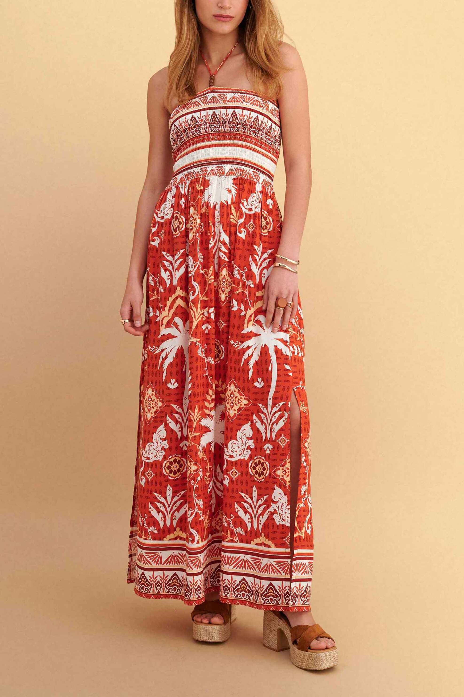 Attrativo γυναικείo maxi αμάνικο φόρεμα με floral print - 9923528 Πορτοκαλί