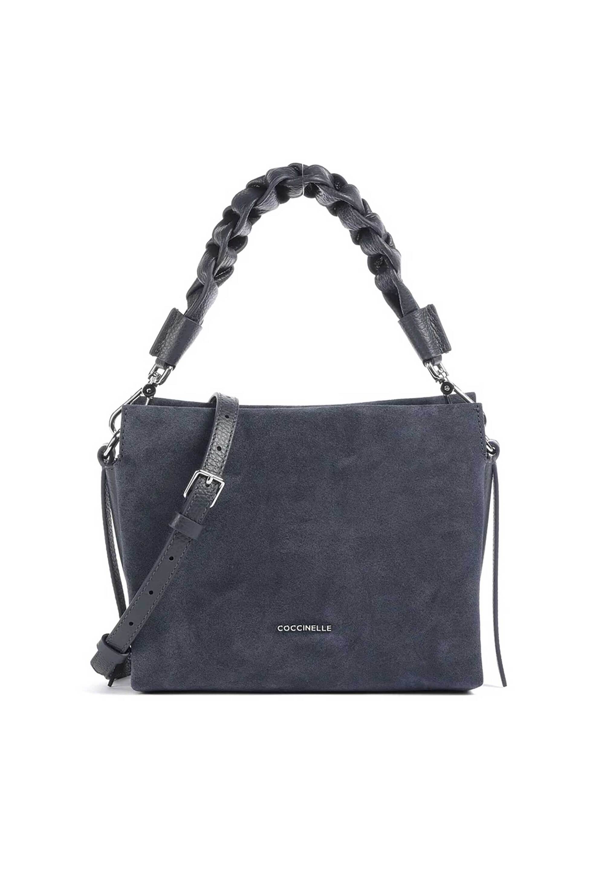 COCCINELLE Coccinelle γυναικεία τσάντα χειρός από δέρμα suede με πλεκτό λουρί "Boheme" - E1P6P-580101 Μπλε Σκούρο