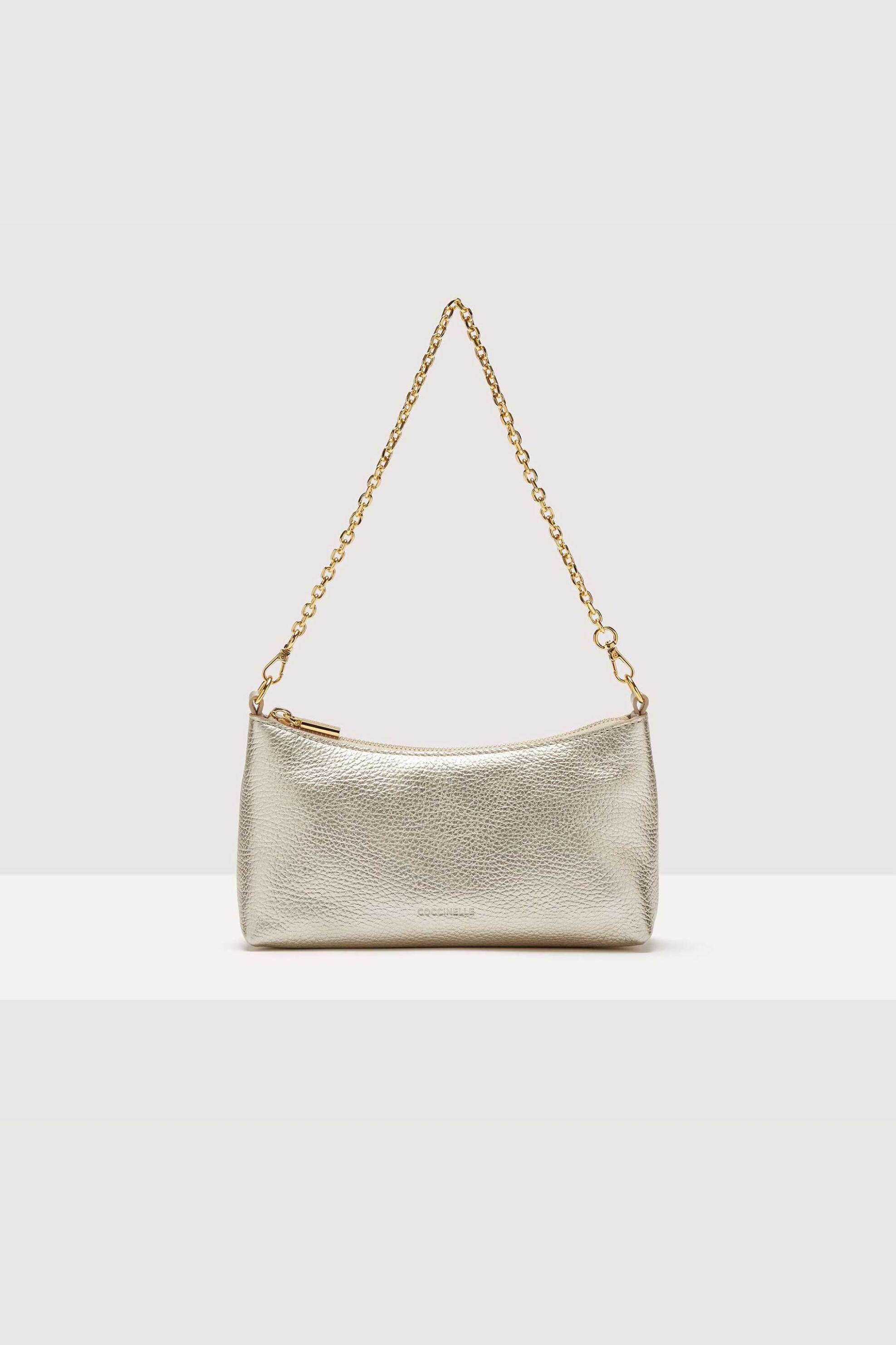 Coccinelle γυναικεία δερμάτινη τσάντα crossbody μονόχρωμη με σταμπωτό λογότυπο "Aura" - E5QH0-550101 Χρυσό