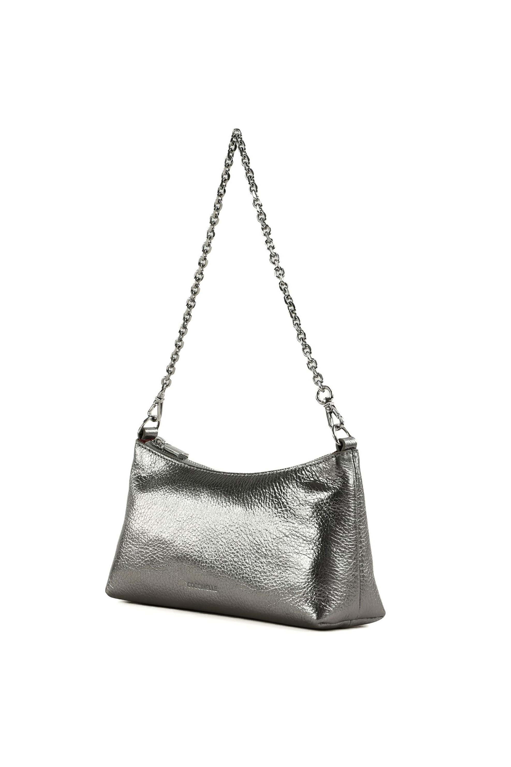 COCCINELLE Coccinelle γυναικεία δερμάτινη τσάντα crossbody μονόχρωμη με σταμπωτό λογότυπο "Aura" - E5QH0-550101 Ασημί - 2