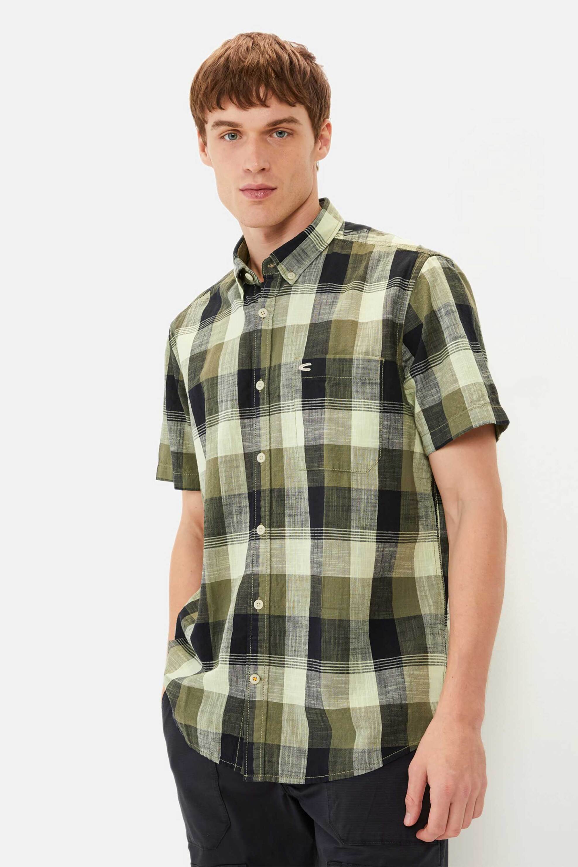CAMEL ACTIVE Camel Active ανδρικό πουκάμισο button down κοντομάνικο με καρό σχέδιο και τσέπη με λογότυπο Regular Fit - C251-409261-5S61 Λαδί