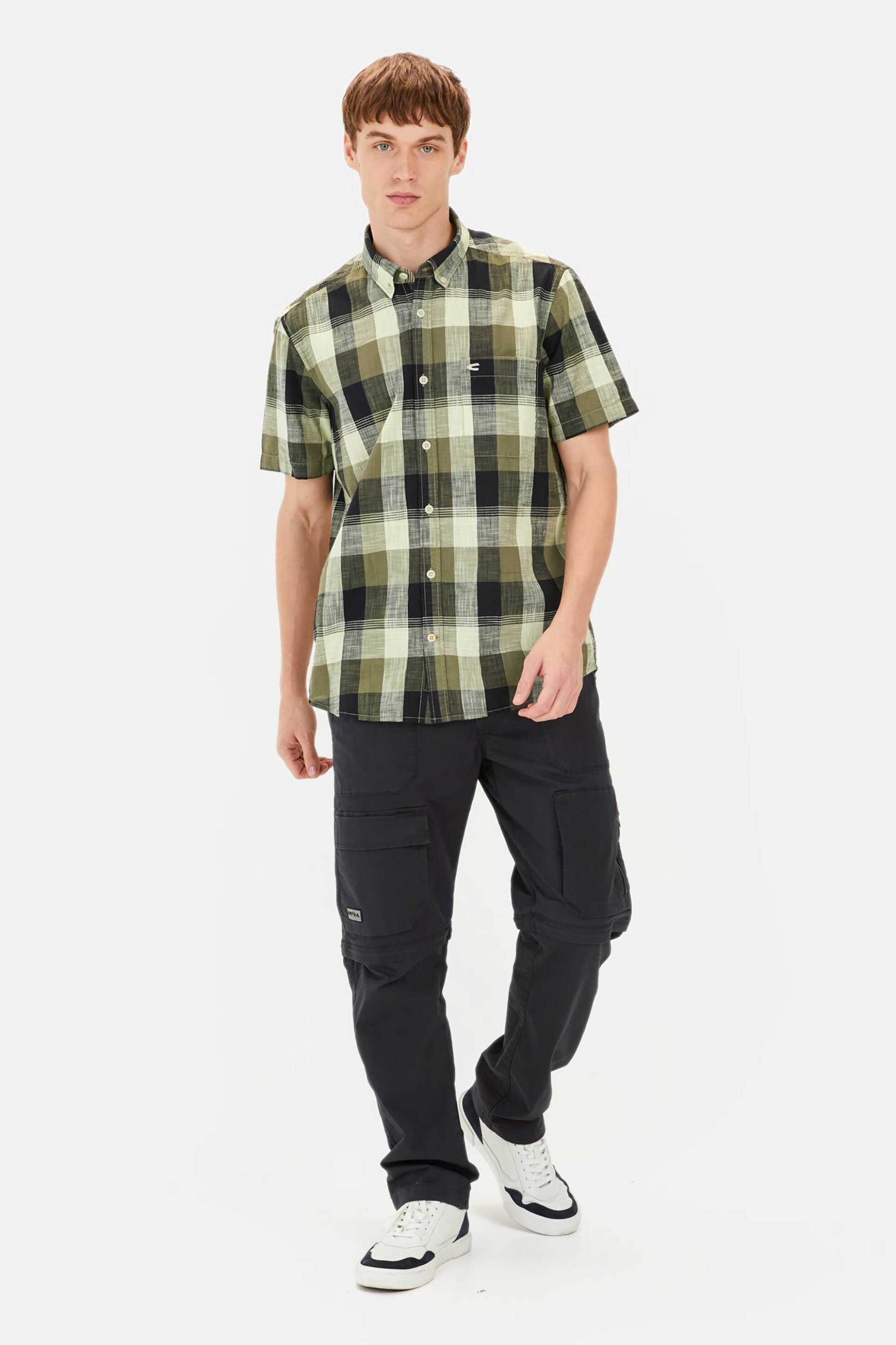 Camel Active ανδρικό πουκάμισο button down κοντομάνικο με καρό σχέδιο και τσέπη με λογότυπο Regular Fit - C251-409261-5S61 Λαδί φωτογραφία