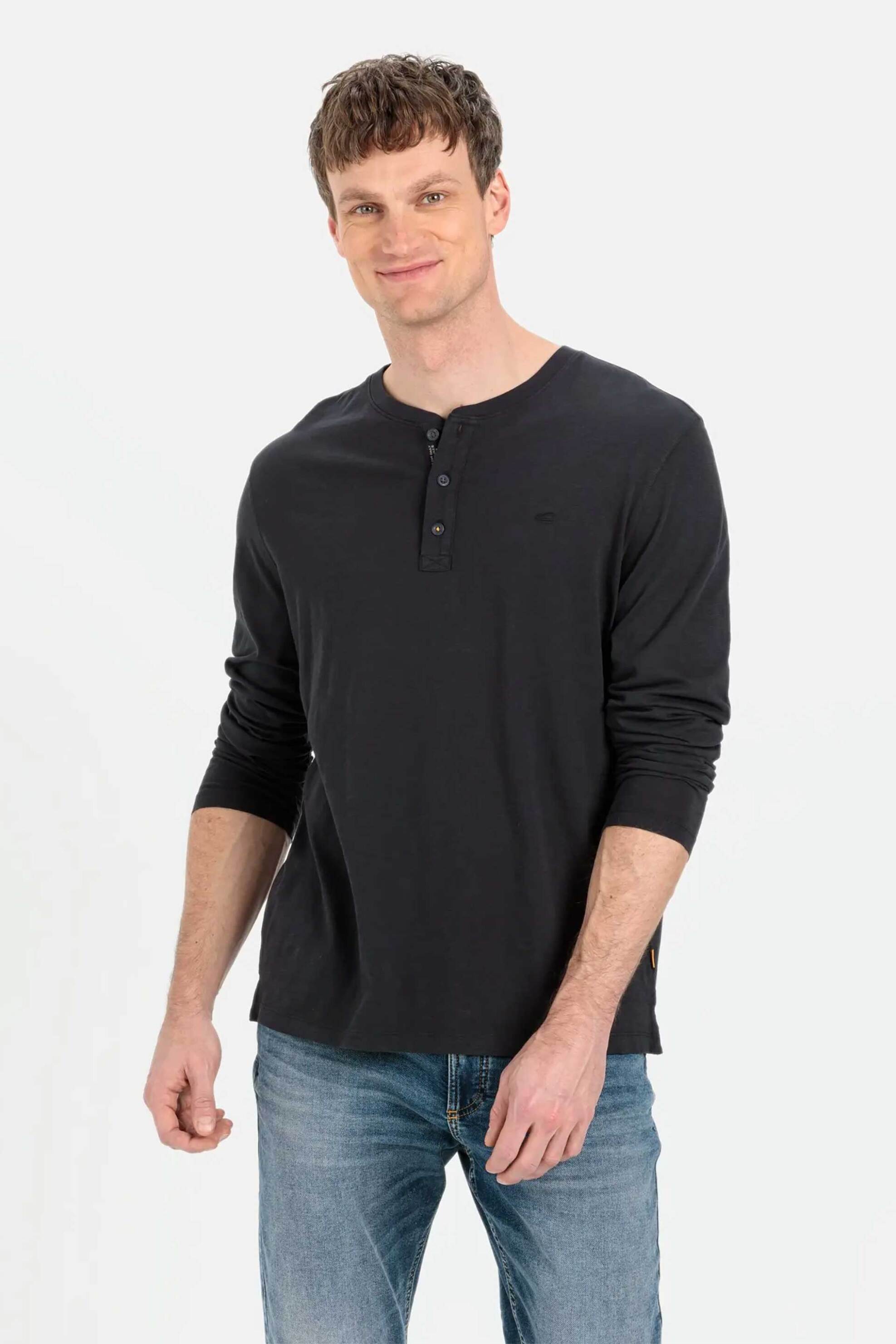 Camel Active ανδρική μακρυμάνικη μπλούζα henley με κεντημένο monogram Regular Fit - C252NOS-409371-9T85 Μαύρο