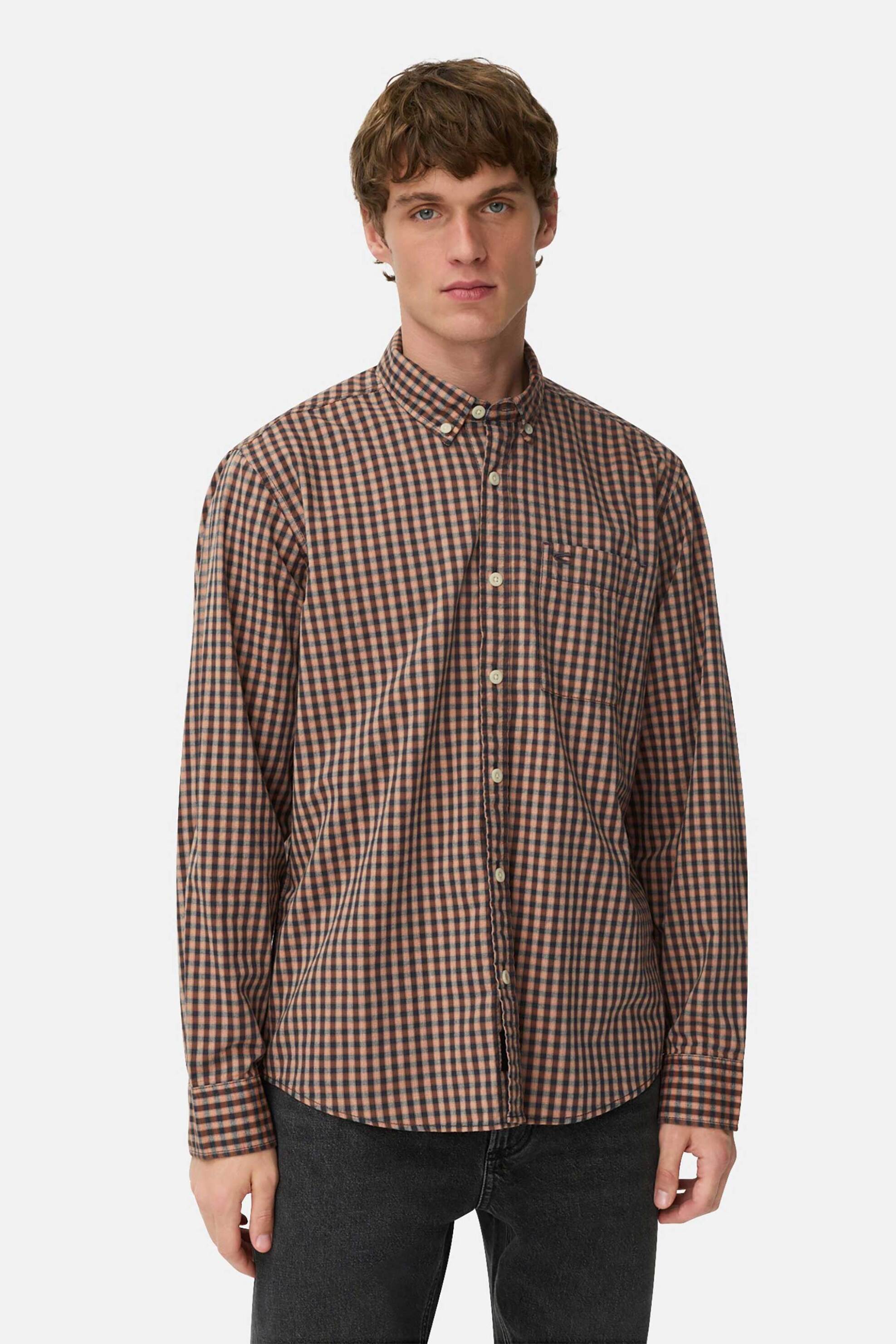 Camel Active ανδρικό πουκάμισο button down με καρό σχέδιο και τσέπη με λογότυπο Regular Fit - C252-409110-6S10 Καφέ