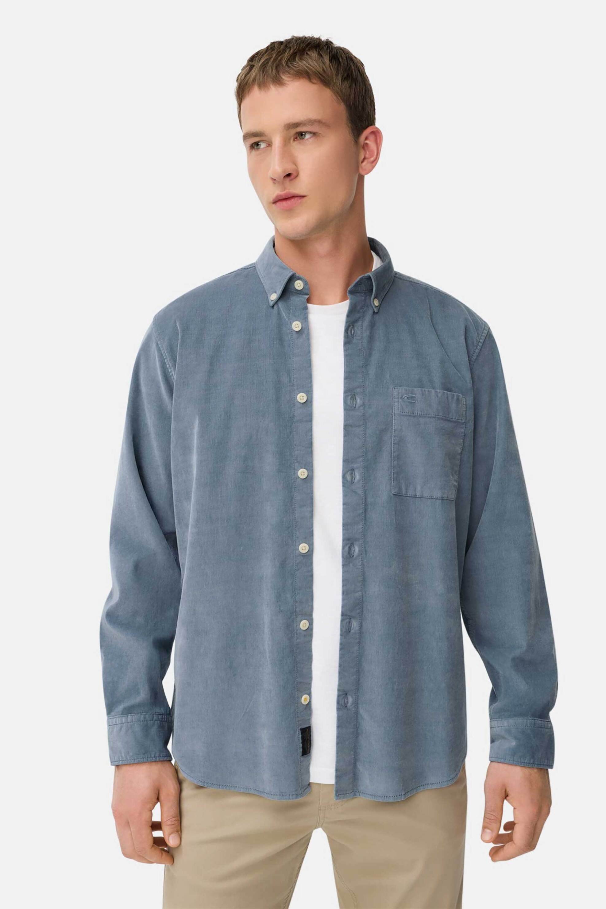 Camel Active ανδρικό κοτλέ πουκάμισο button down με τσέπη και λογότυπο Regular Fit - C252-409142-6S42 Γκρι Γαλάζιο