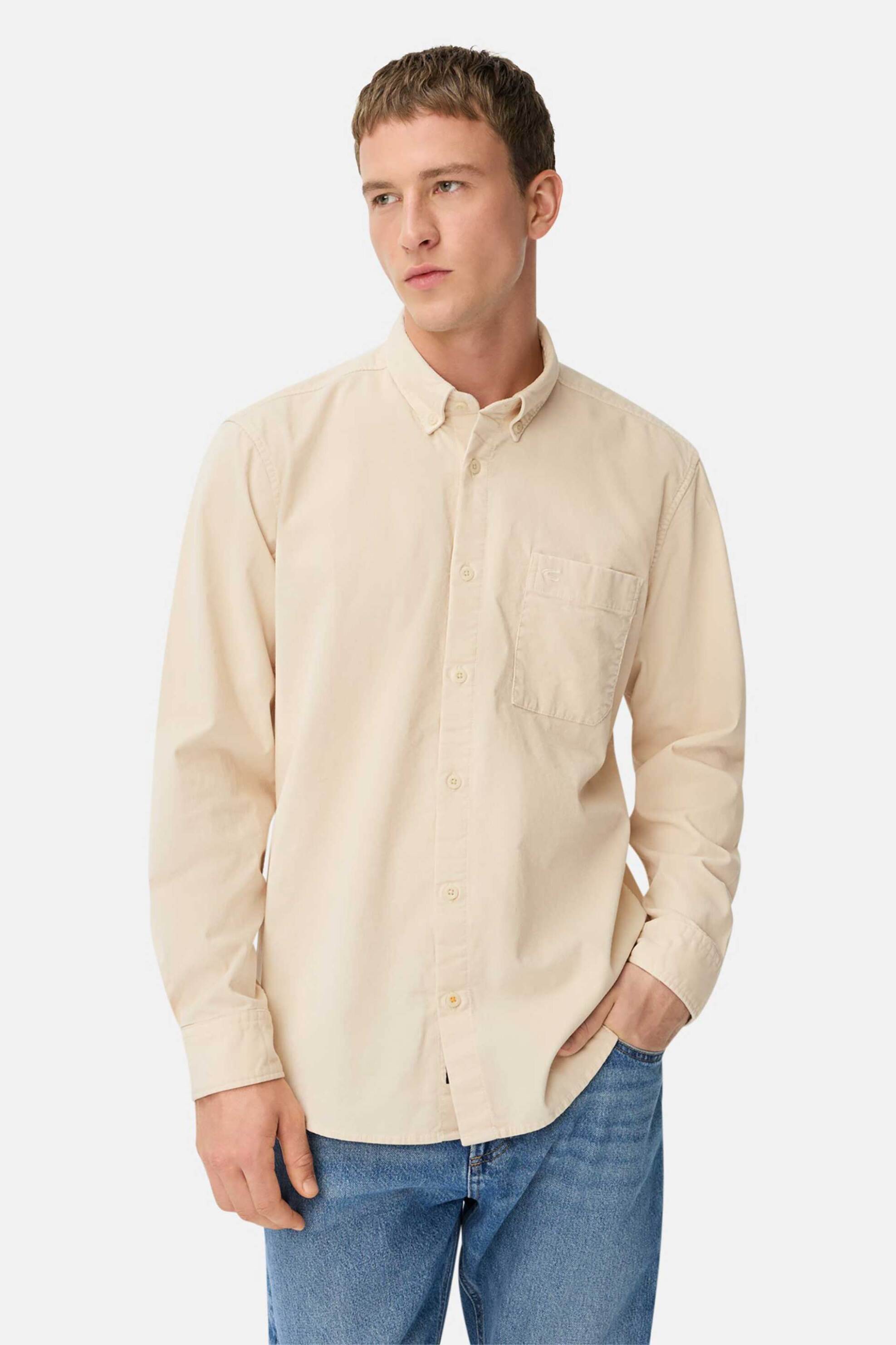 Camel Active ανδρικό κοτλέ πουκάμισο button down με τσέπη και λογότυπο Regular Fit - C252-409142-6S42 Μπεζ