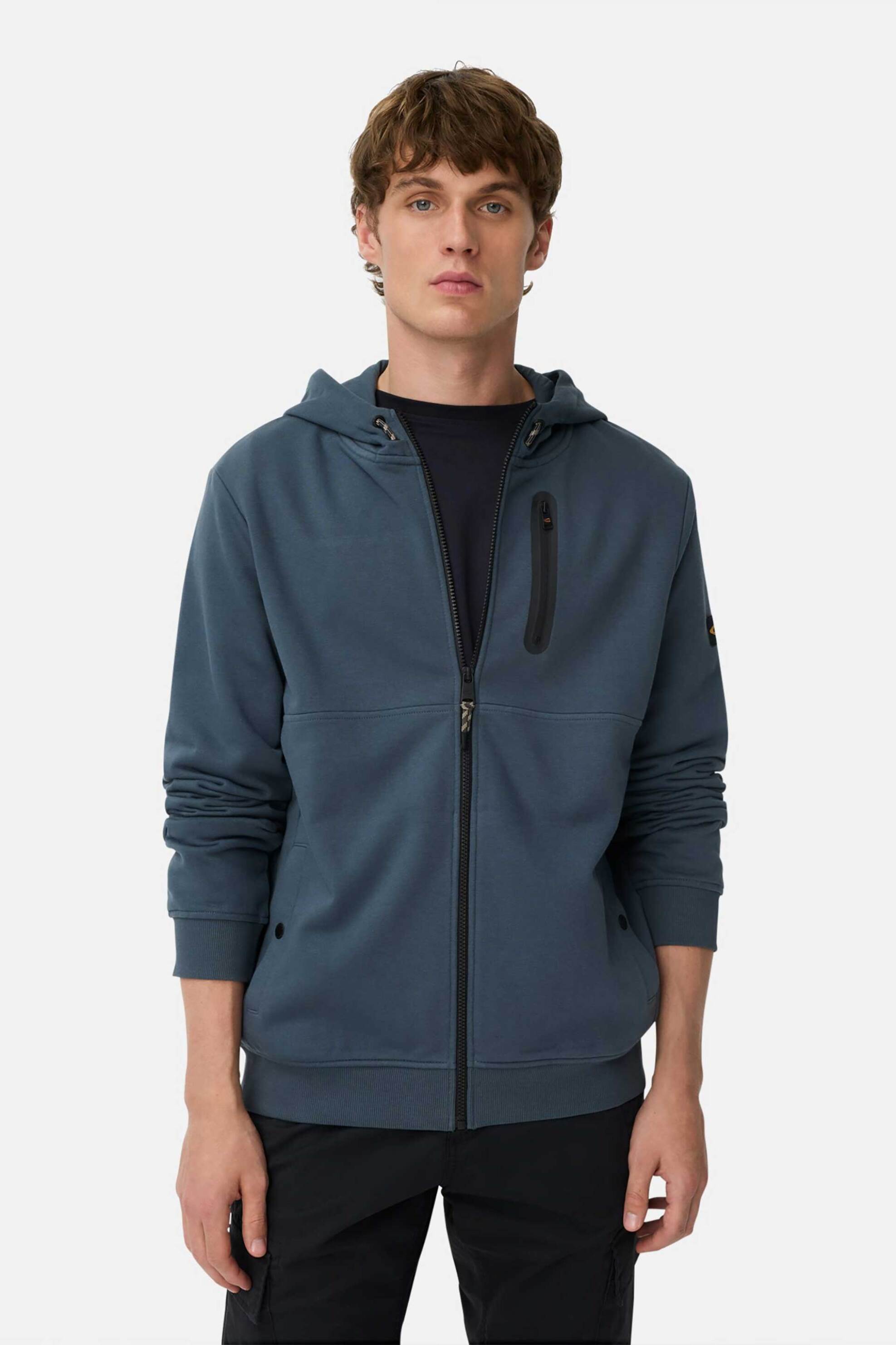 Camel Active ανδρική ζακέτα φούτερ με κουκούλα και monogram στο μανίκι Regular Fit - C252-409406-6W52 Μπλε Σκούρο