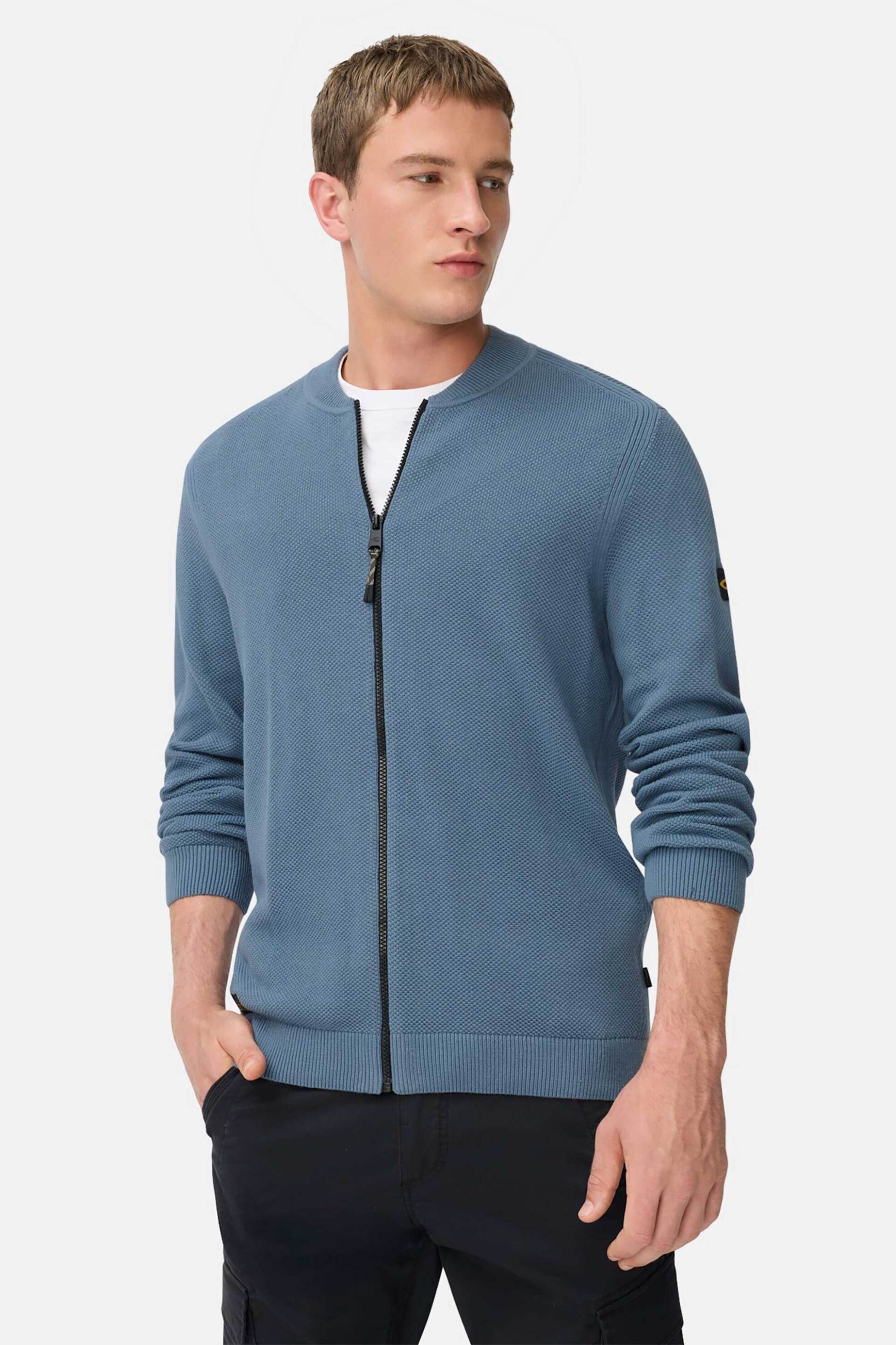 Camel Active ανδρική πλεκτή ζακέτα structured με monogram στο μανίκι Regular Fit - C252-409508-6K01 Γκρι Γαλάζιο