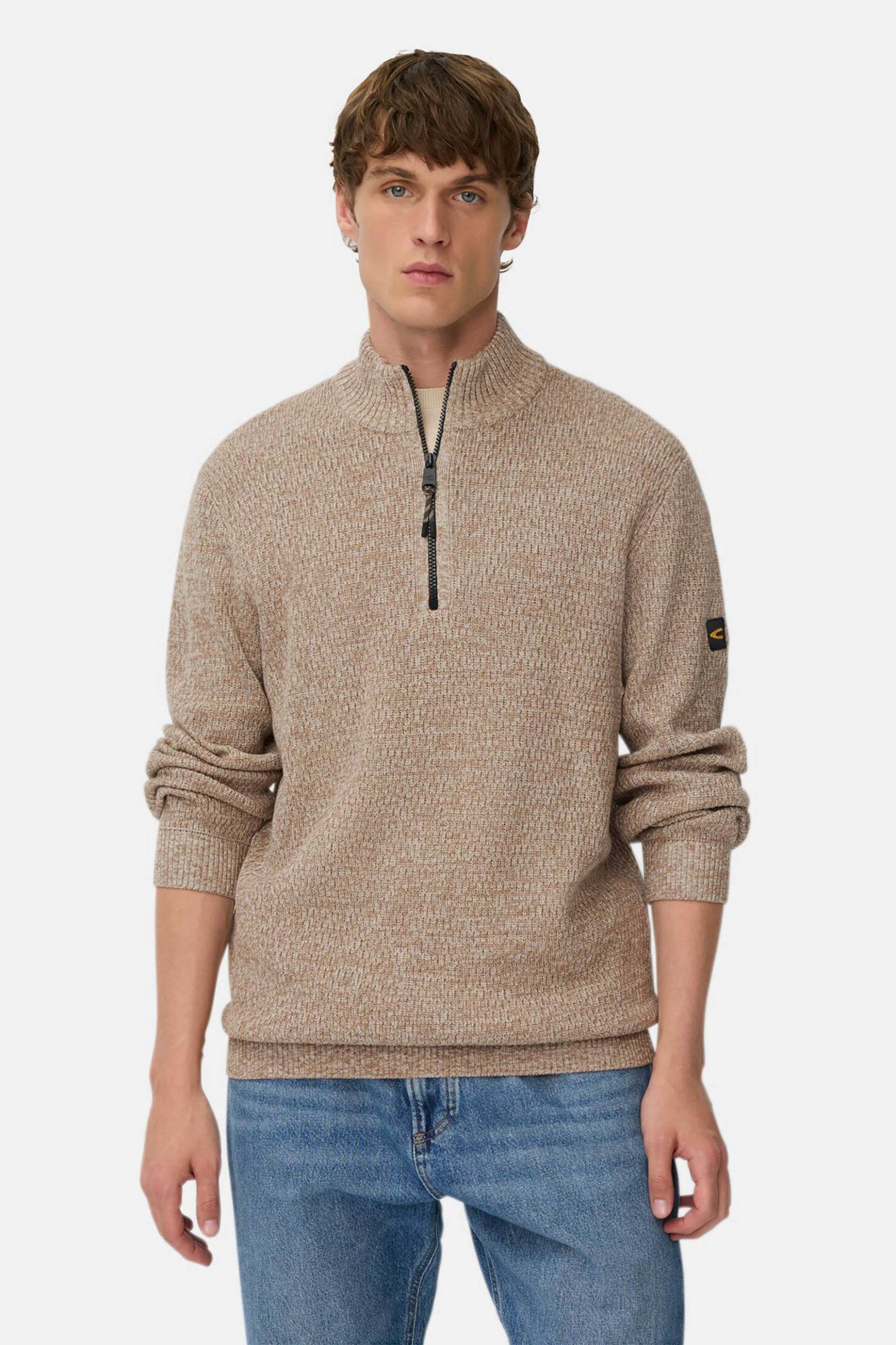 Camel Active ανδρικό πουλόβερ textured με ψηλό λαιμό και 1/2 φερμουάρ Regular Fit - C252-409530-6K06 Μπεζ