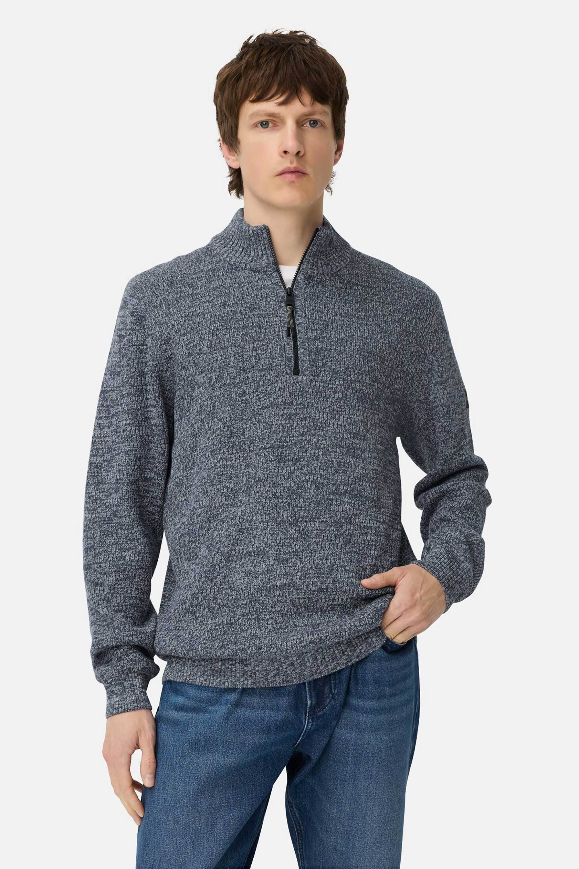 Camel Active ανδρικό πουλόβερ textured με ψηλό λαιμό και 1/2 φερμουάρ Regular Fit - C252-409530-6K06 Μπλε Σκούρο