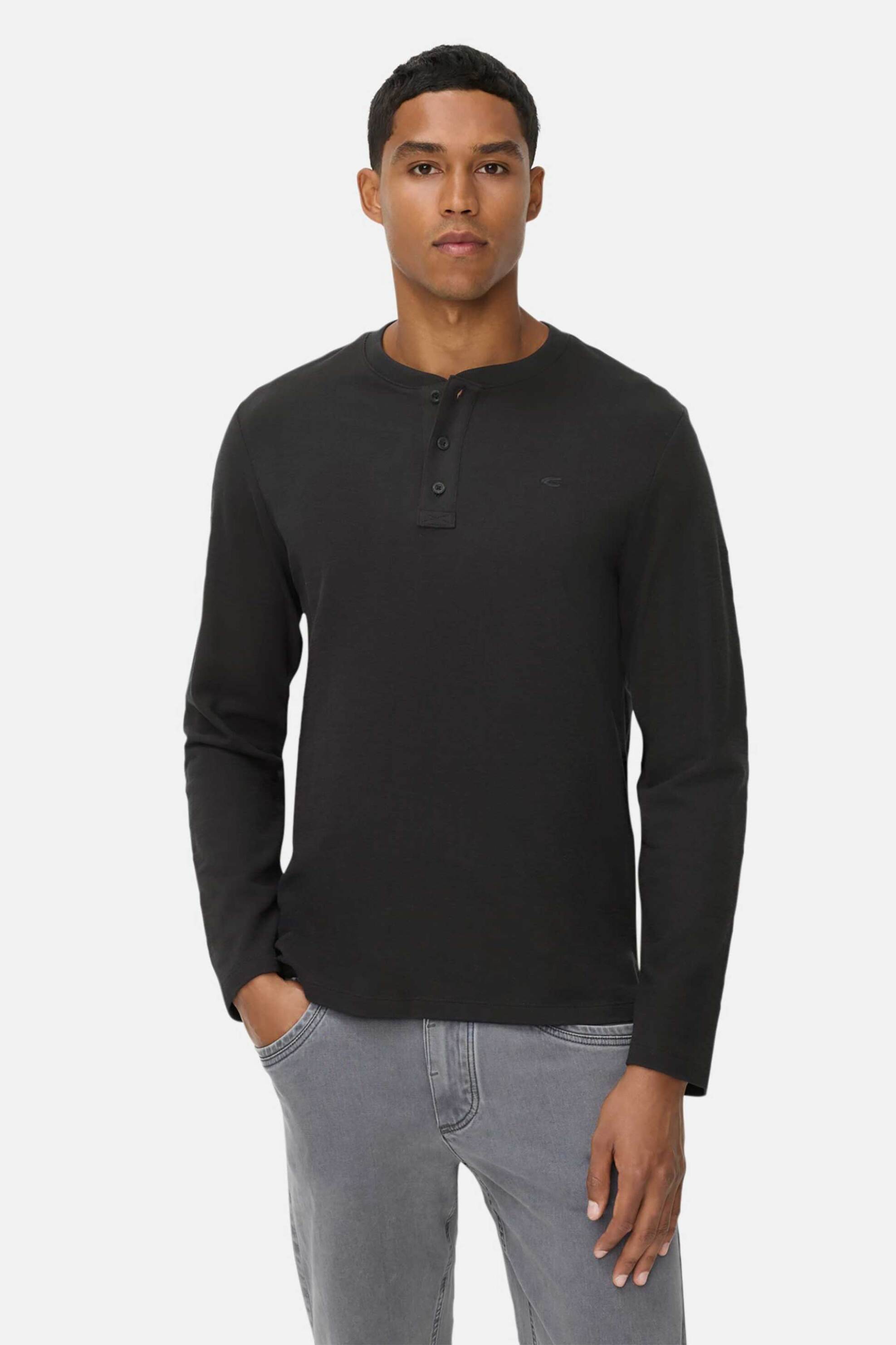 Camel Active ανδρική μακρυμάνικη μπλούζα henley με κεντημένο monogram Regular Fit - C252-409640-6T44 Μαύρο