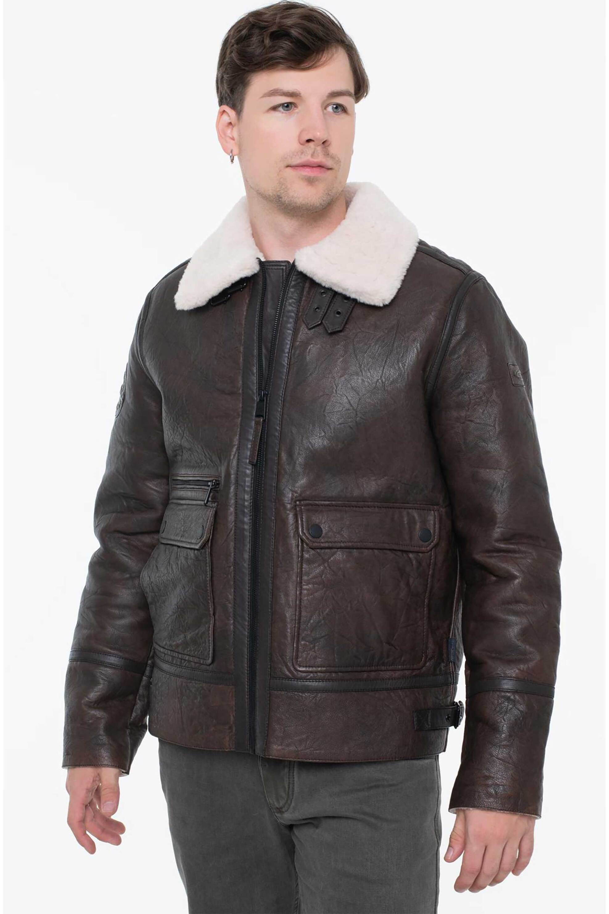CAMEL ACTIVE Camel Active ανδρικό δερμάτινο μπουφάν με μπουκλέ γιακά και επένδυση Regular Fit - C252-431310-6L36 Καφέ Σκούρο