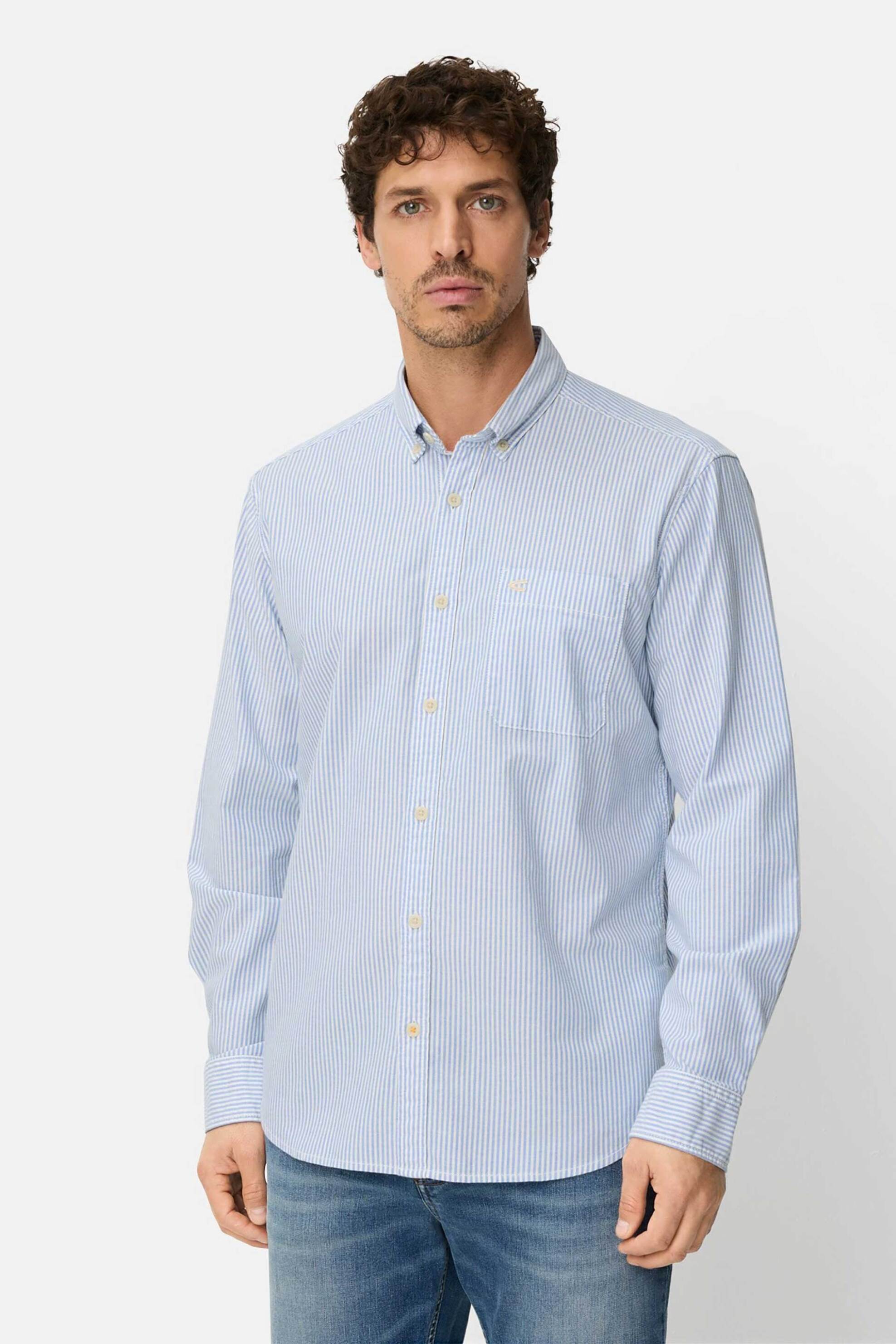 Camel Active ανδρικό πουκάμισο button down με ριγέ σχέδιο και τσέπη με κεντημένο monogram Regular Fit - C261NOS-409106-9S06 Μπλε Ανοιχτό