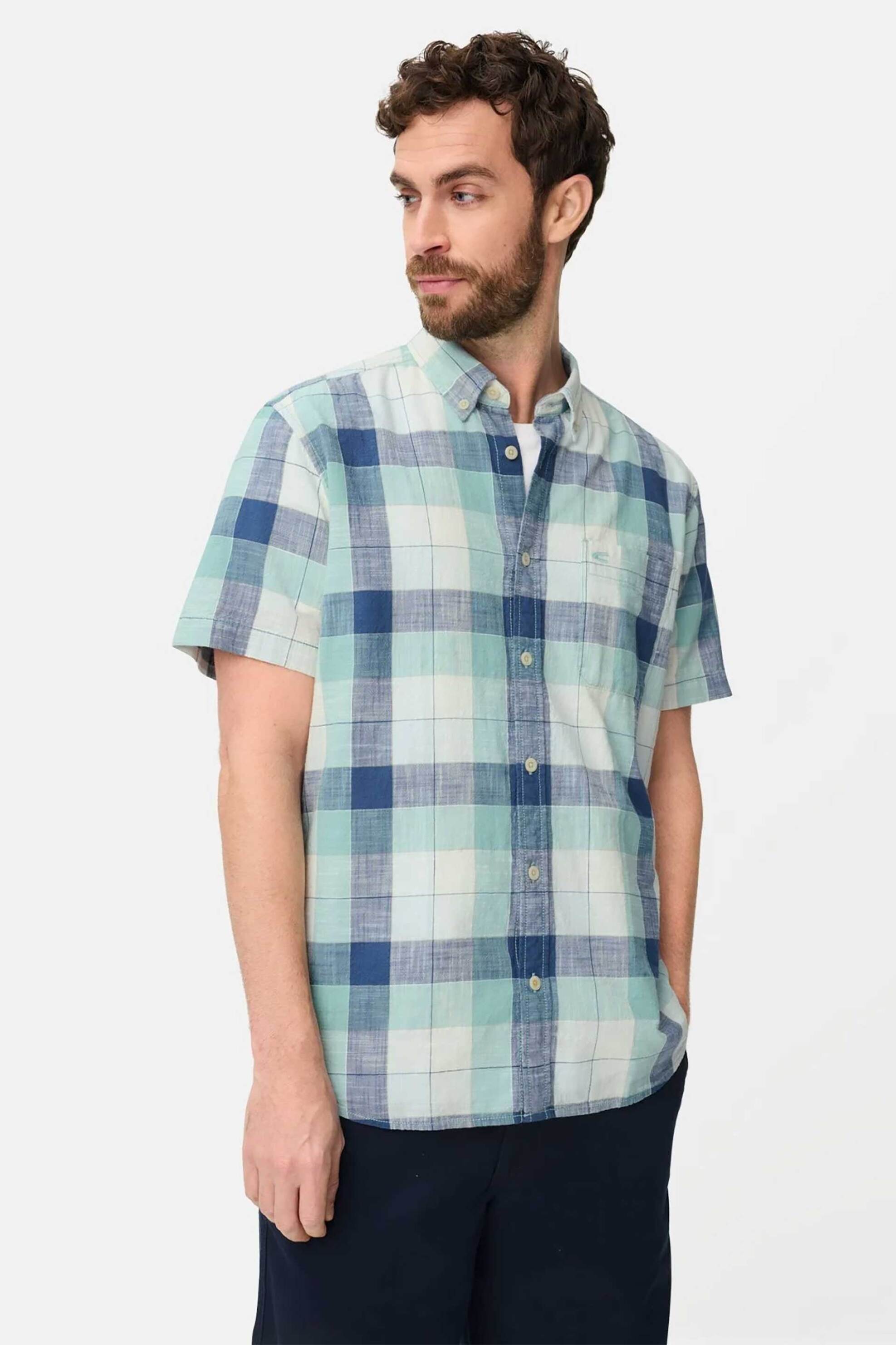 Camel Active ανδρικό κοντομάνικο πουκάμισο button down με τσέπη και κεντημένο monogram Regular Fit - C261-409261-7S61 Σιελ