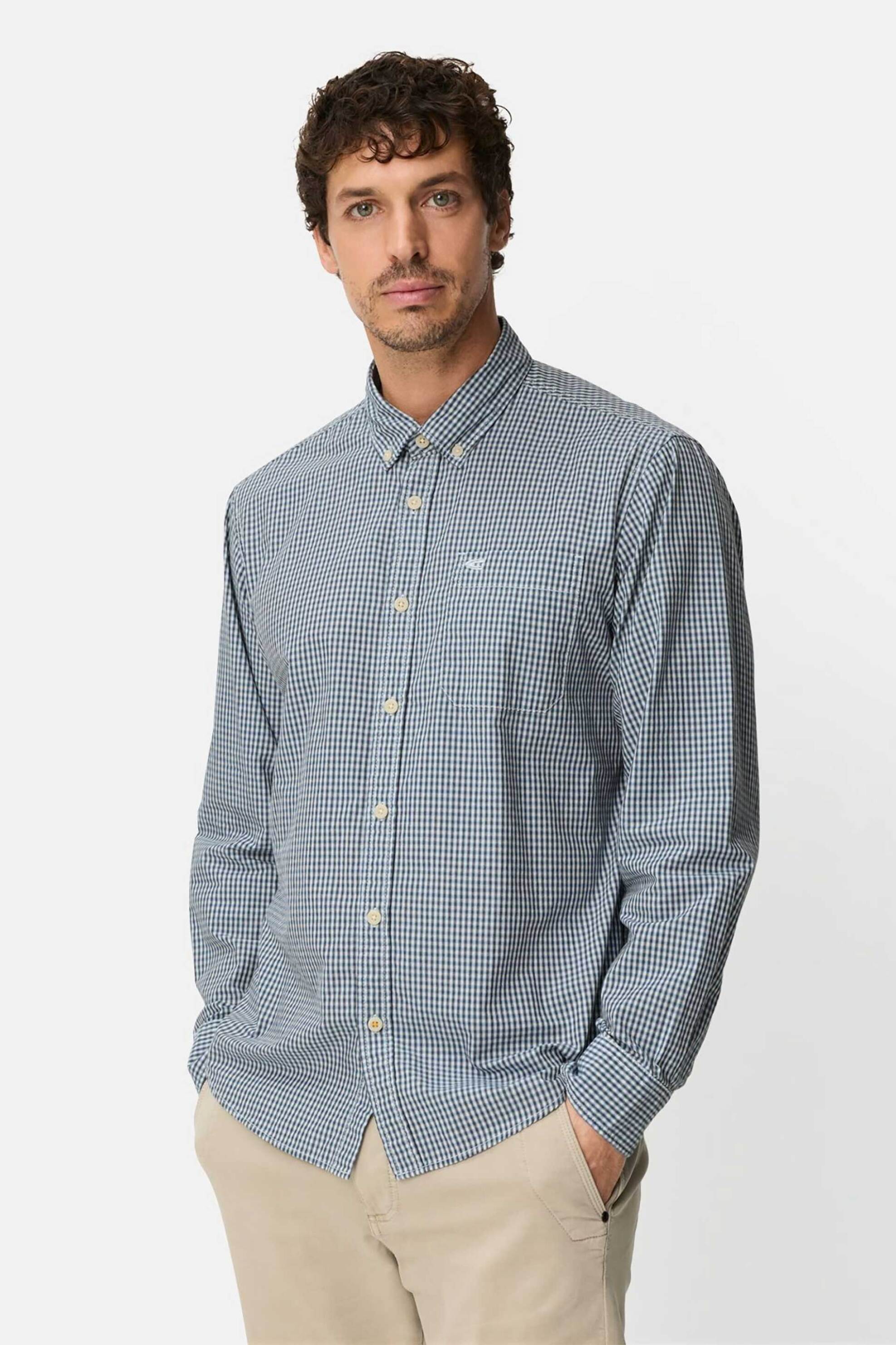 Camel Active ανδρικό πουκάμισο button down με καρό σχέδιο και τσέπη με κεντημένο monogram Regular Fit - C261NOS-409103-9S03 Μπλε Σκούρο