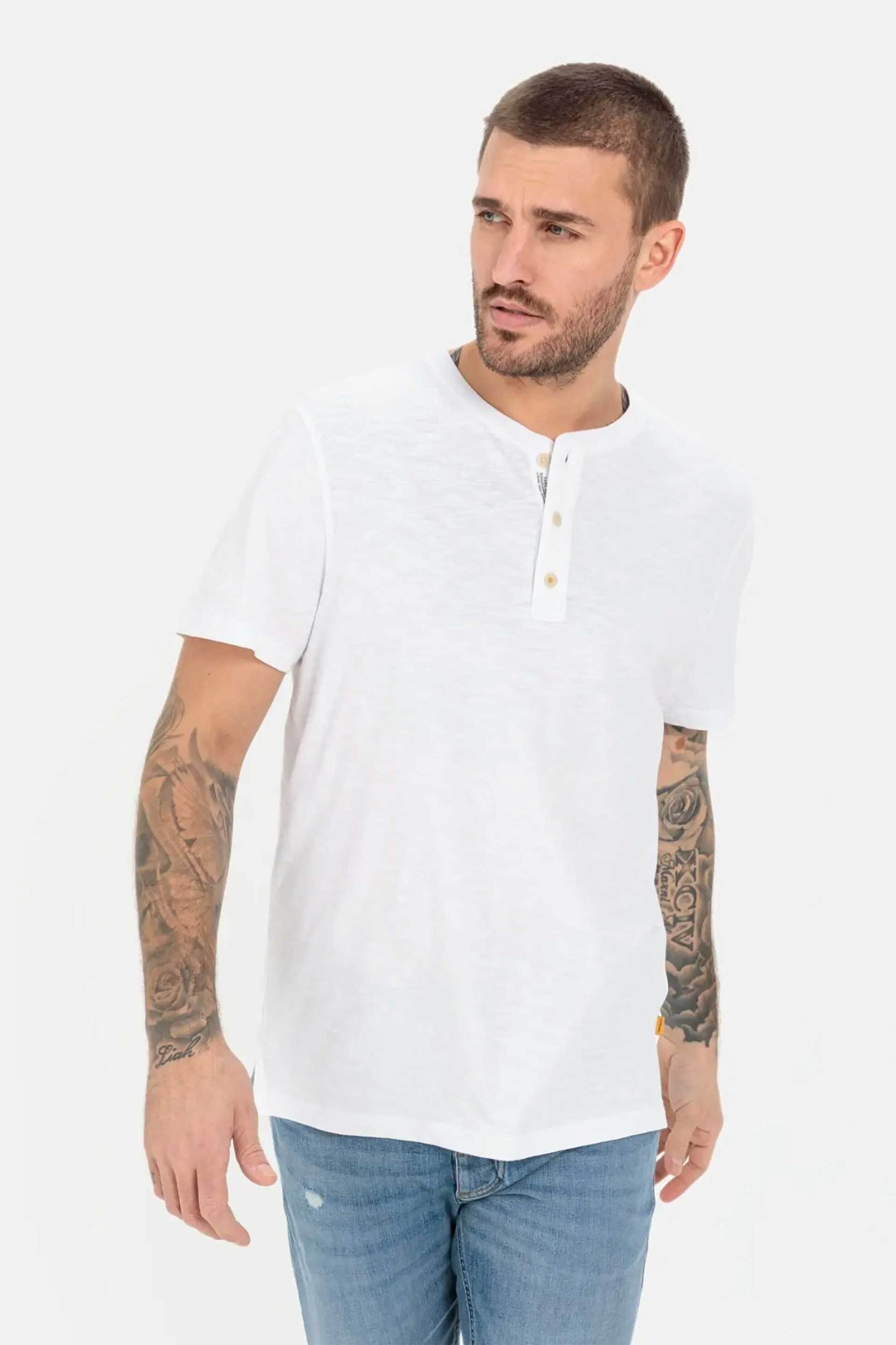 Camel Active ανδρική κοντομάνικη μπλούζα henley με κεντημένο monogram Regular Fit - C261NOS-409474-9T84 Λευκό
