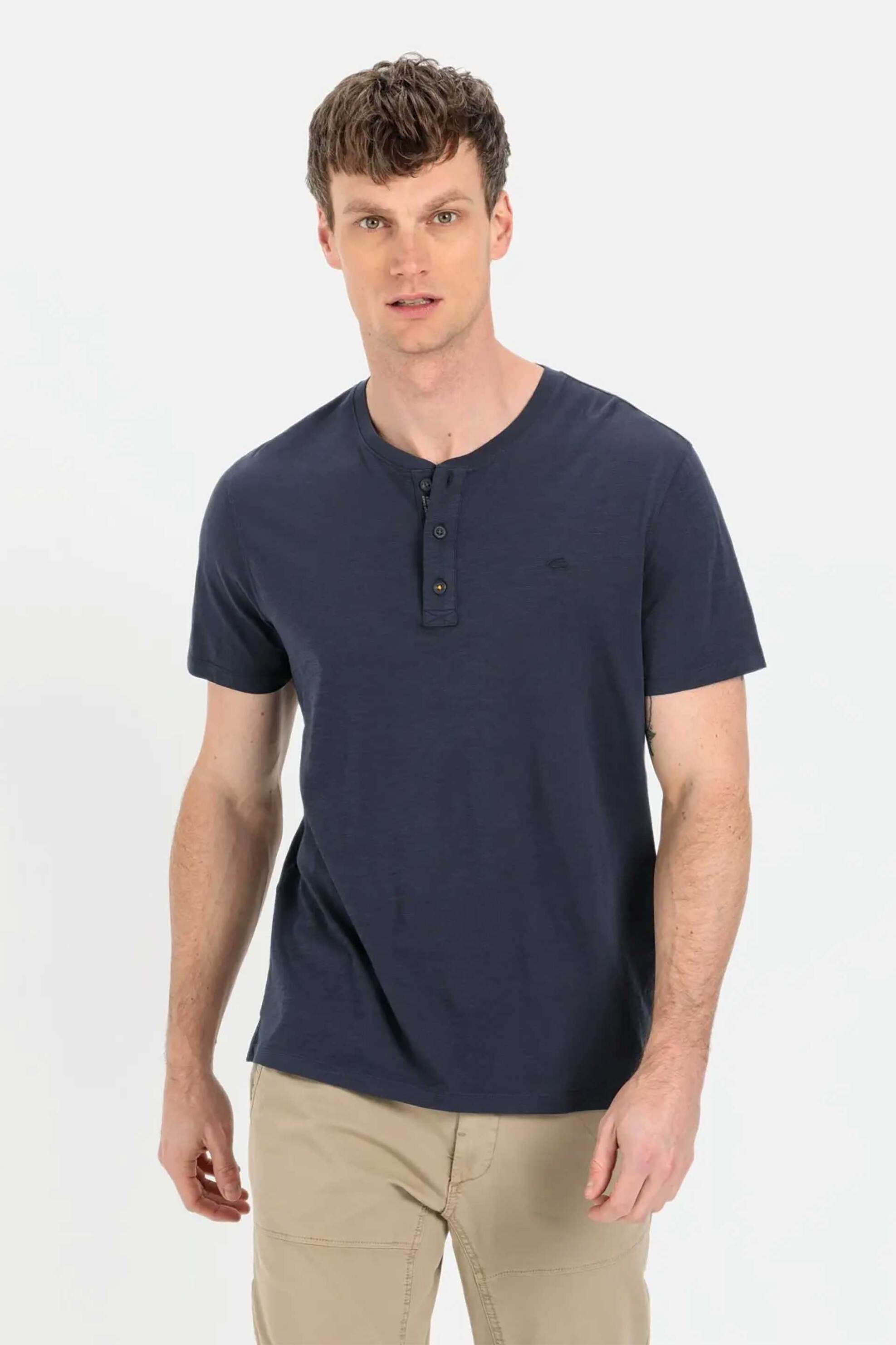 Camel Active ανδρική κοντομάνικη μπλούζα henley με κεντημένο monogram Regular Fit - C261NOS-409474-9T84 Μπλε Σκούρο