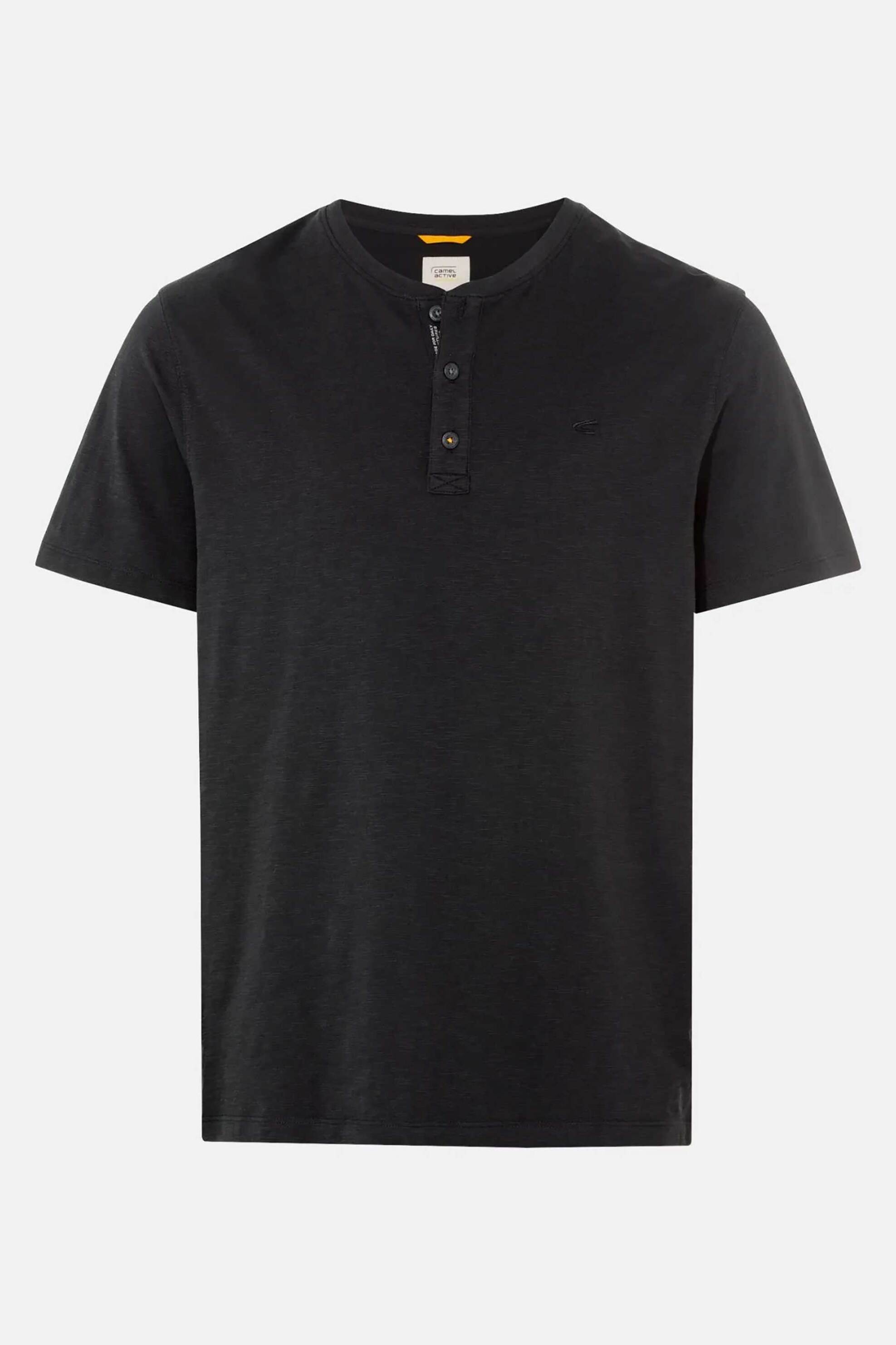 Camel Active Ανδρική Κοντομάνικη Μπλούζα Henley με Κεντημένο Monogram Regular Fit - C261Nos-409474-9T84 Μαύρο