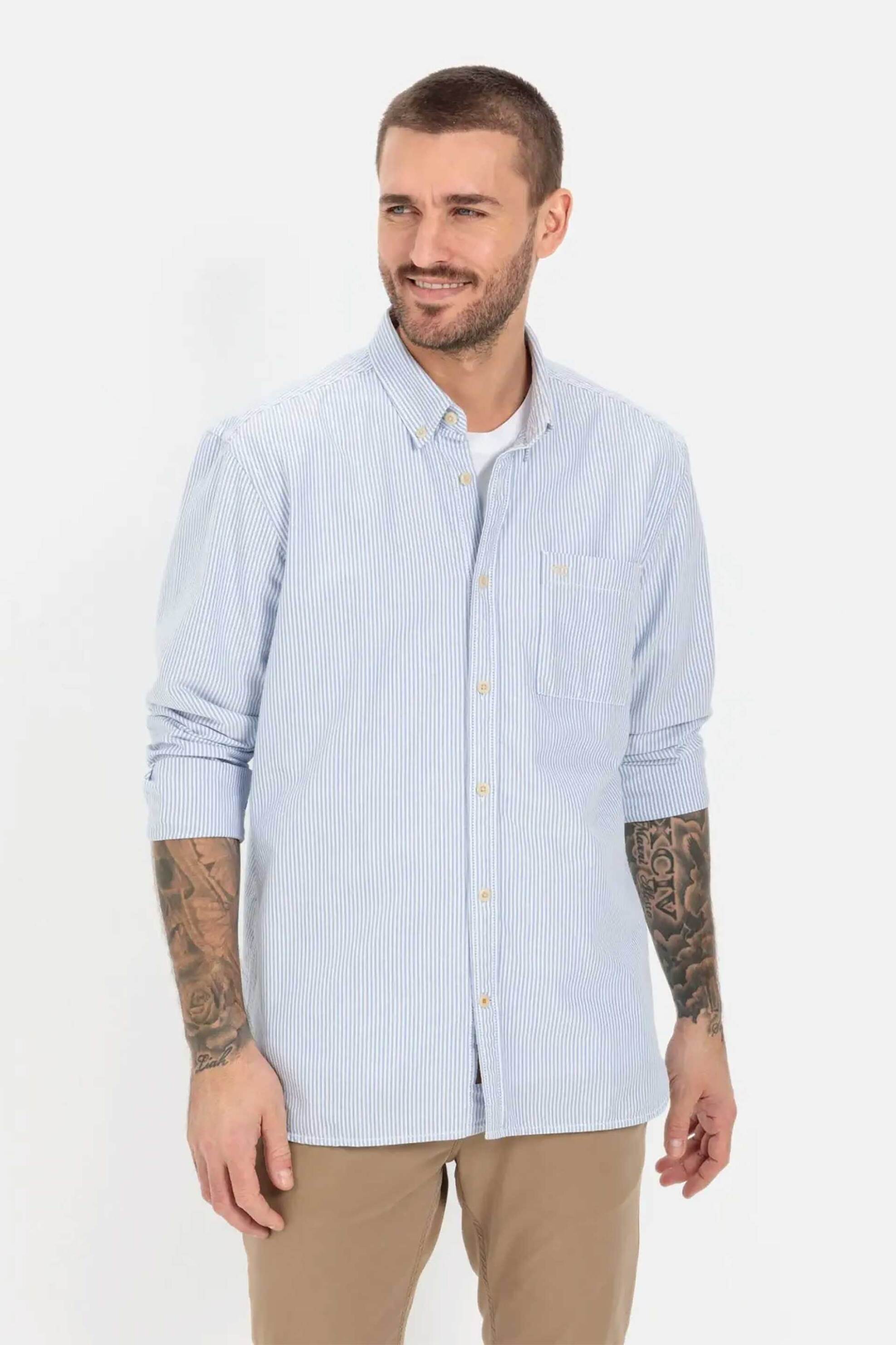 Camel Active ανδρικό πουκάμισο oxford button down με ριγέ σχέδιο και τσέπη με κεντημένο monogram Regular Fit - C261NOS-409102-9S02N Μπλε Ανοιχτό