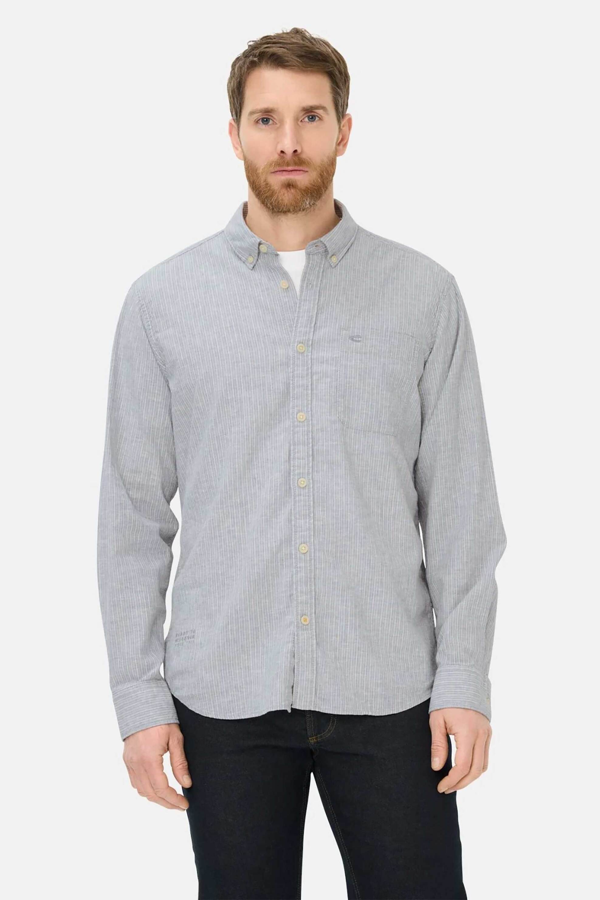 Camel Active ανδρικό πουκάμισο button down με ριγέ σχέδιο και τσέπη με κεντημένο monogram Regular Fit - C261-409117-7S17 Γκρι