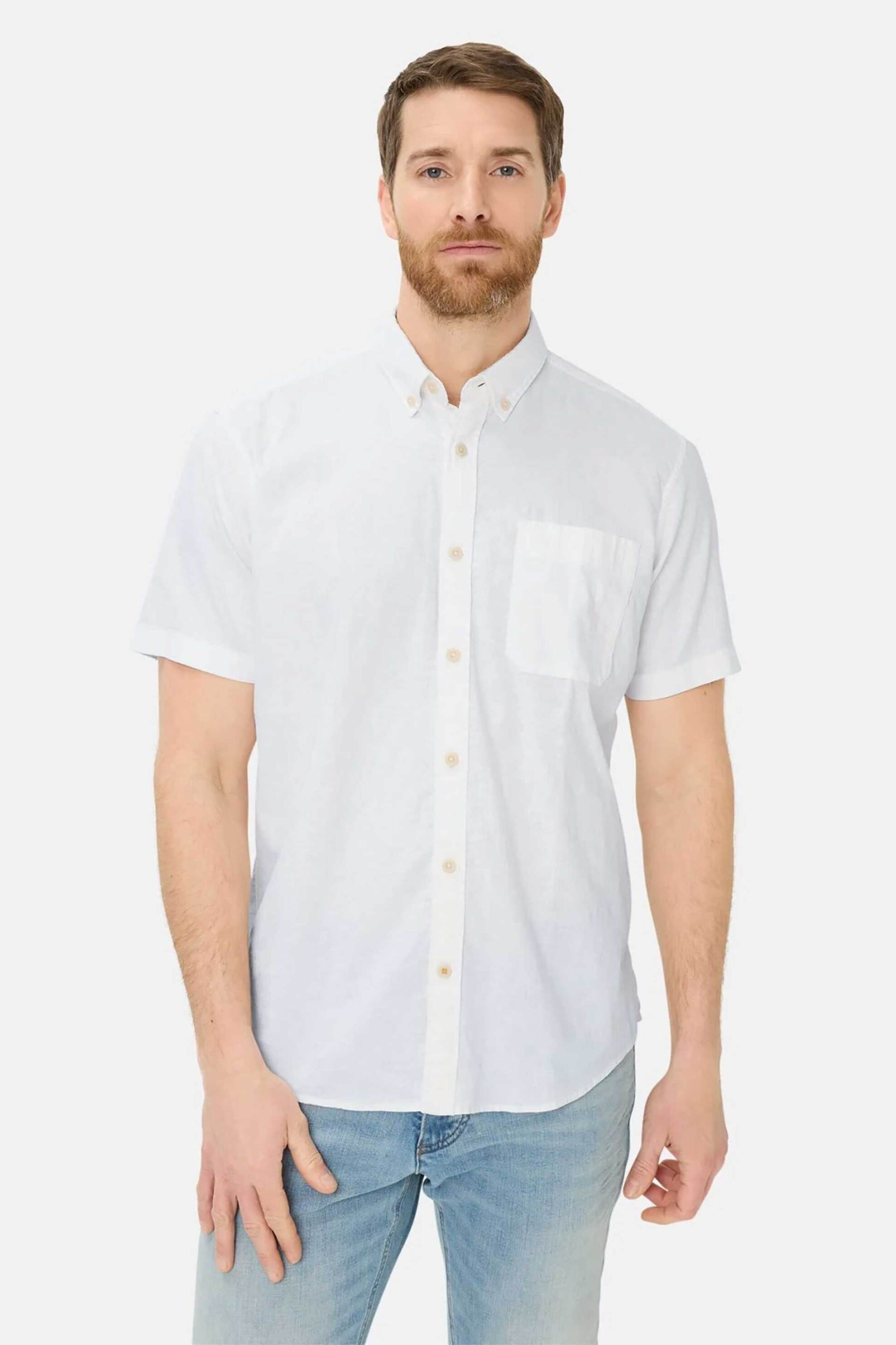 Camel Active ανδρικό κοντομάνικο πουκάμισο button down με τσέπη και κεντημένο monogram Regular Fit - C261-409256-7S56 Λευκό