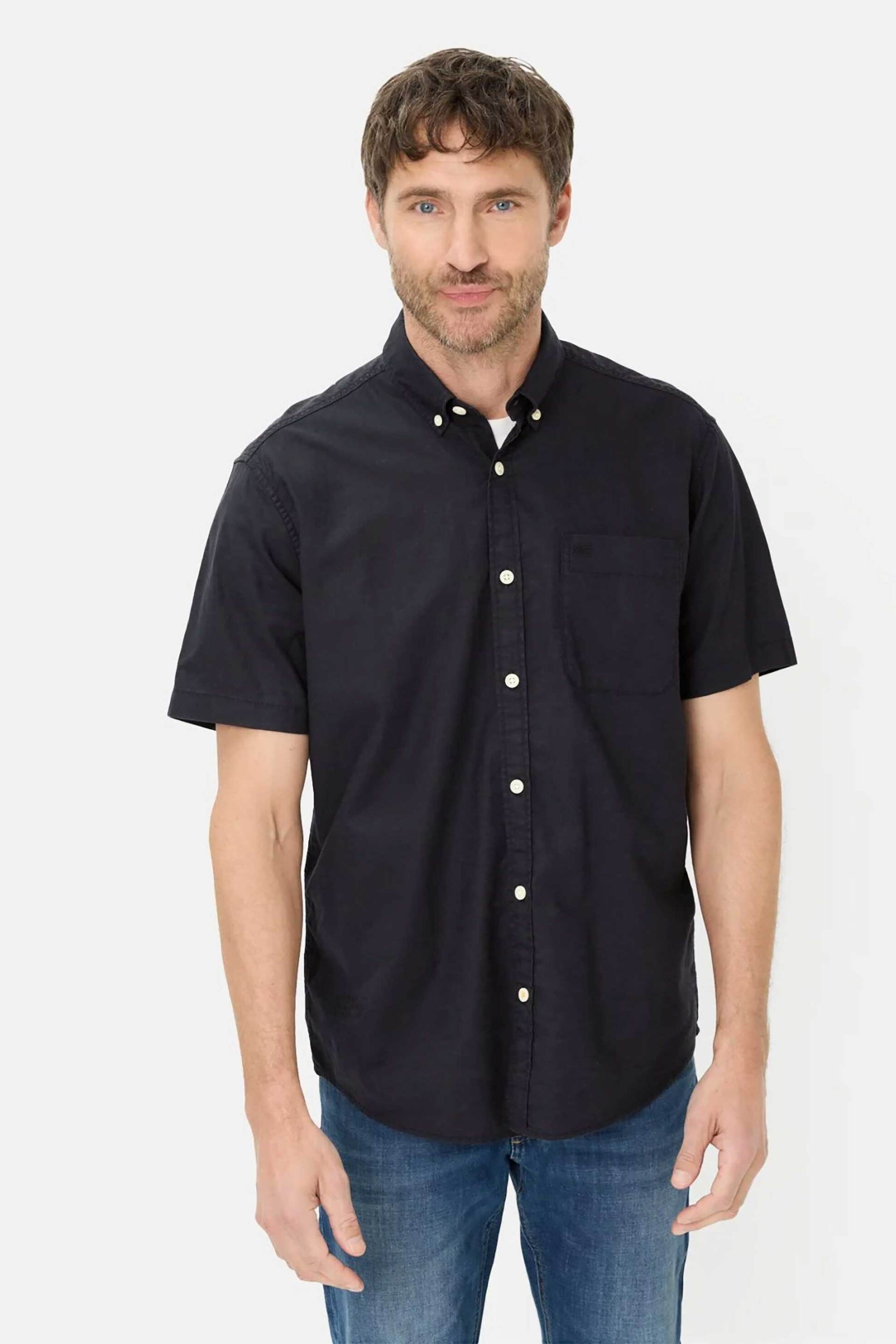 Camel Active ανδρικό κοντομάνικο πουκάμισο button down με τσέπη και κεντημένο monogram Regular Fit - C261-409256-7S56 Μπλε Σκούρο