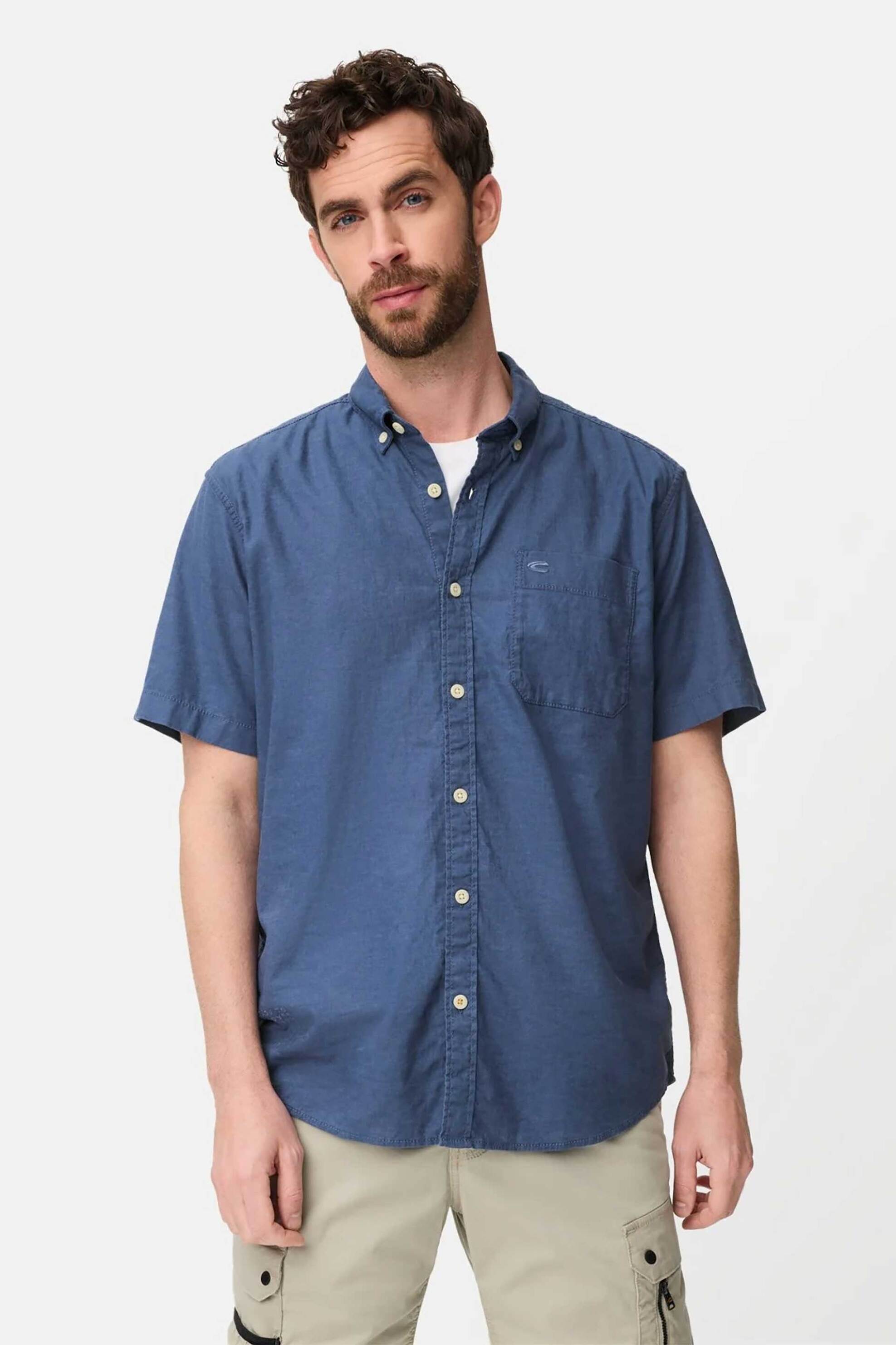 Camel Active ανδρικό κοντομάνικο πουκάμισο button down με τσέπη και κεντημένο monogram Regular Fit - C261-409256-7S56 Μπλε