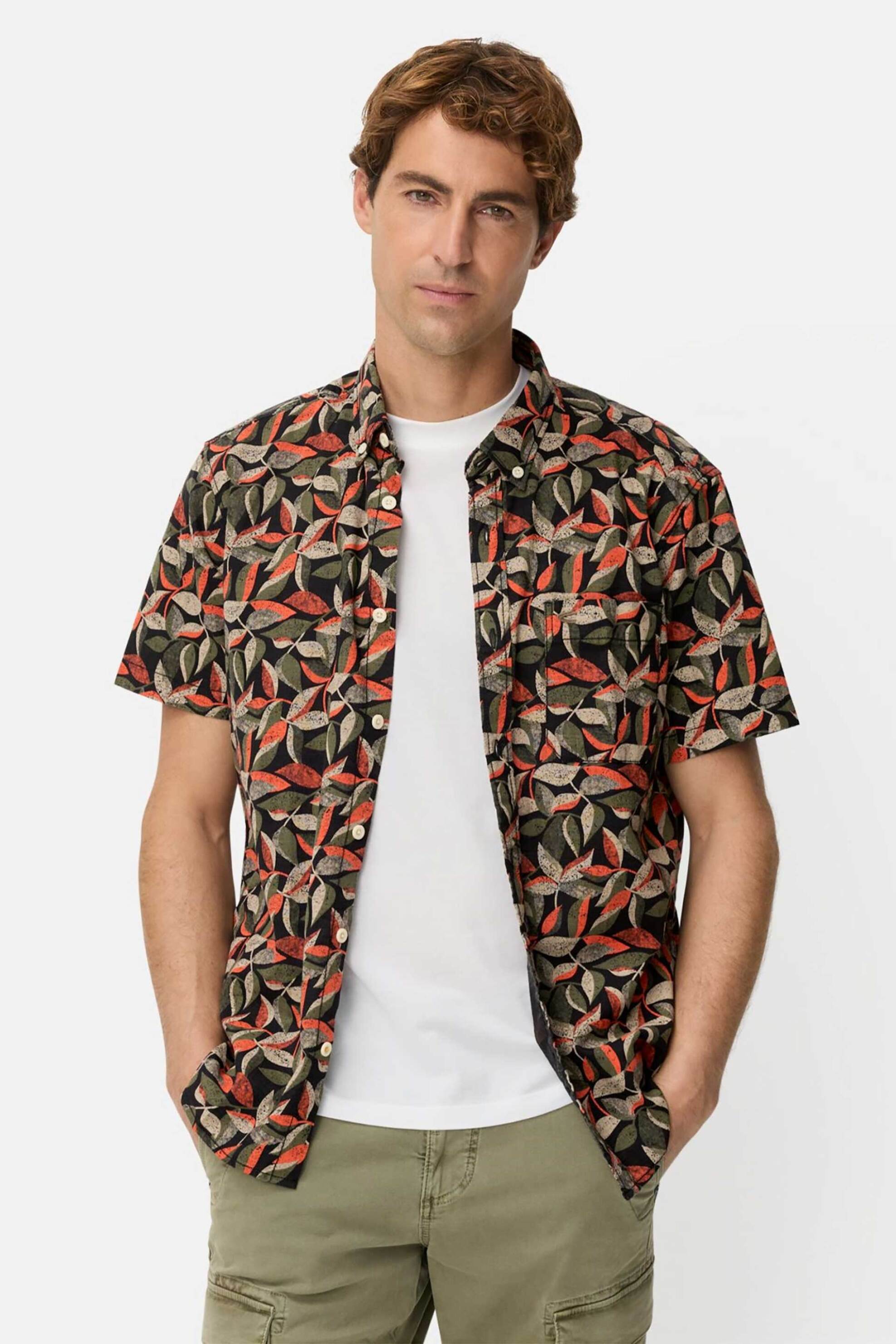 Camel Active ανδρικό κοντομάνικο πουκάμισο button down με leaf print και τσέπη με κεντημένο monogram Regular Fit - C261-409274-7S74 Πορτοκαλί