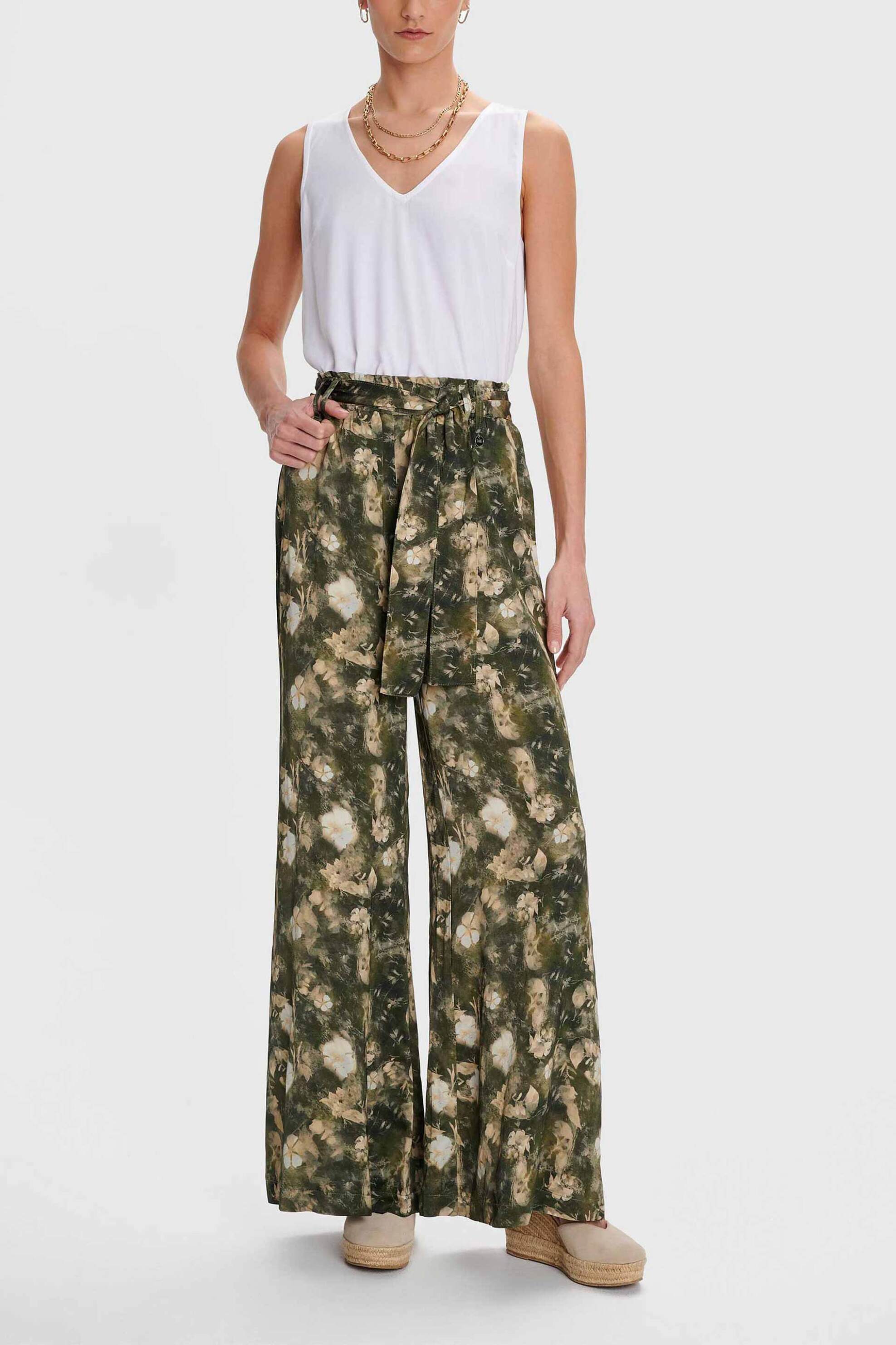 'ALE 'ALE γυναικεία παντελόνα με floral print και σατέν υφή - 8919235 Πράσινο Σκούρο