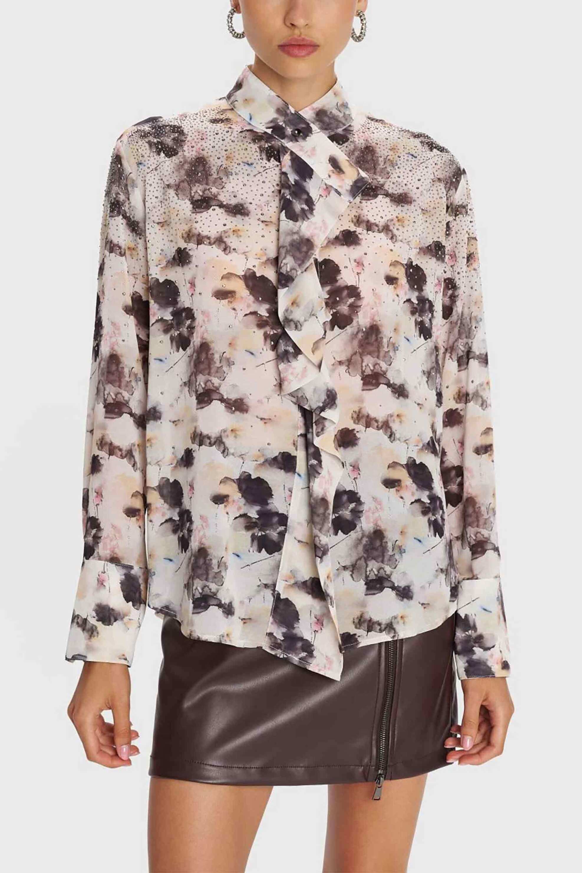 'ALE 'ALE γυναικείο πουκάμισο με floral print και στρας - 8921629 Εκρού