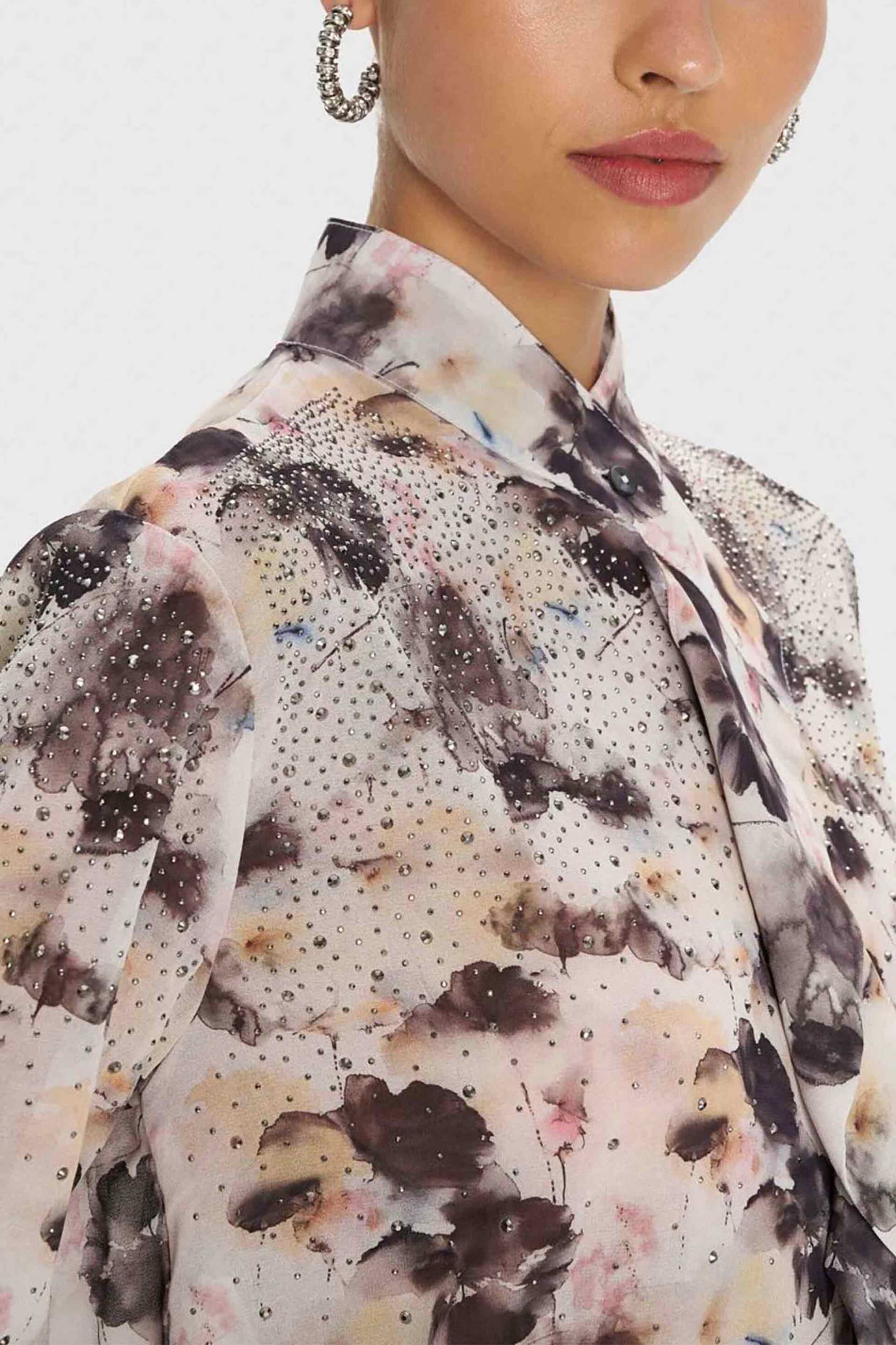 'ALE γυναικείο πουκάμισο με floral print και στρας - 8921629 Εκρού φωτογραφία