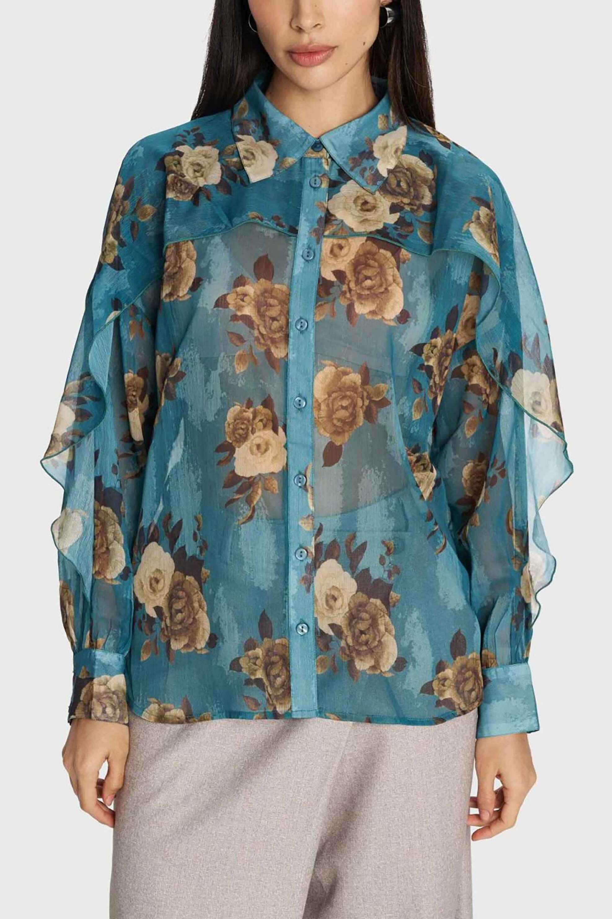 'ALE 'ALE γυναικείο πουκάμισο με floral print - 8922115 Πετρόλ