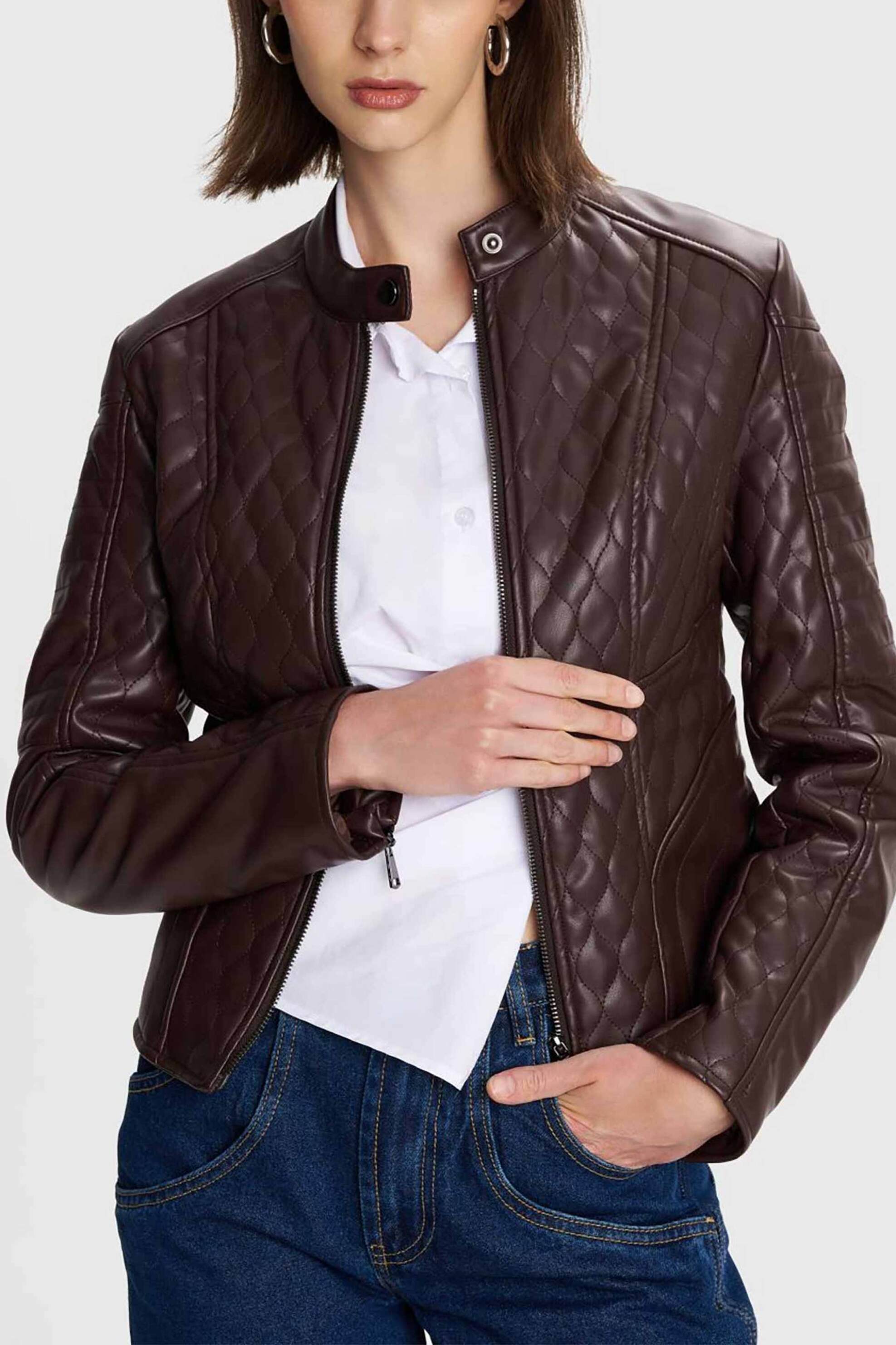 'ALE 'ALE γυναικείο μπουφάν με καπιτονέ σχέδιο και faux δέρμα - 8921740 Καφέ