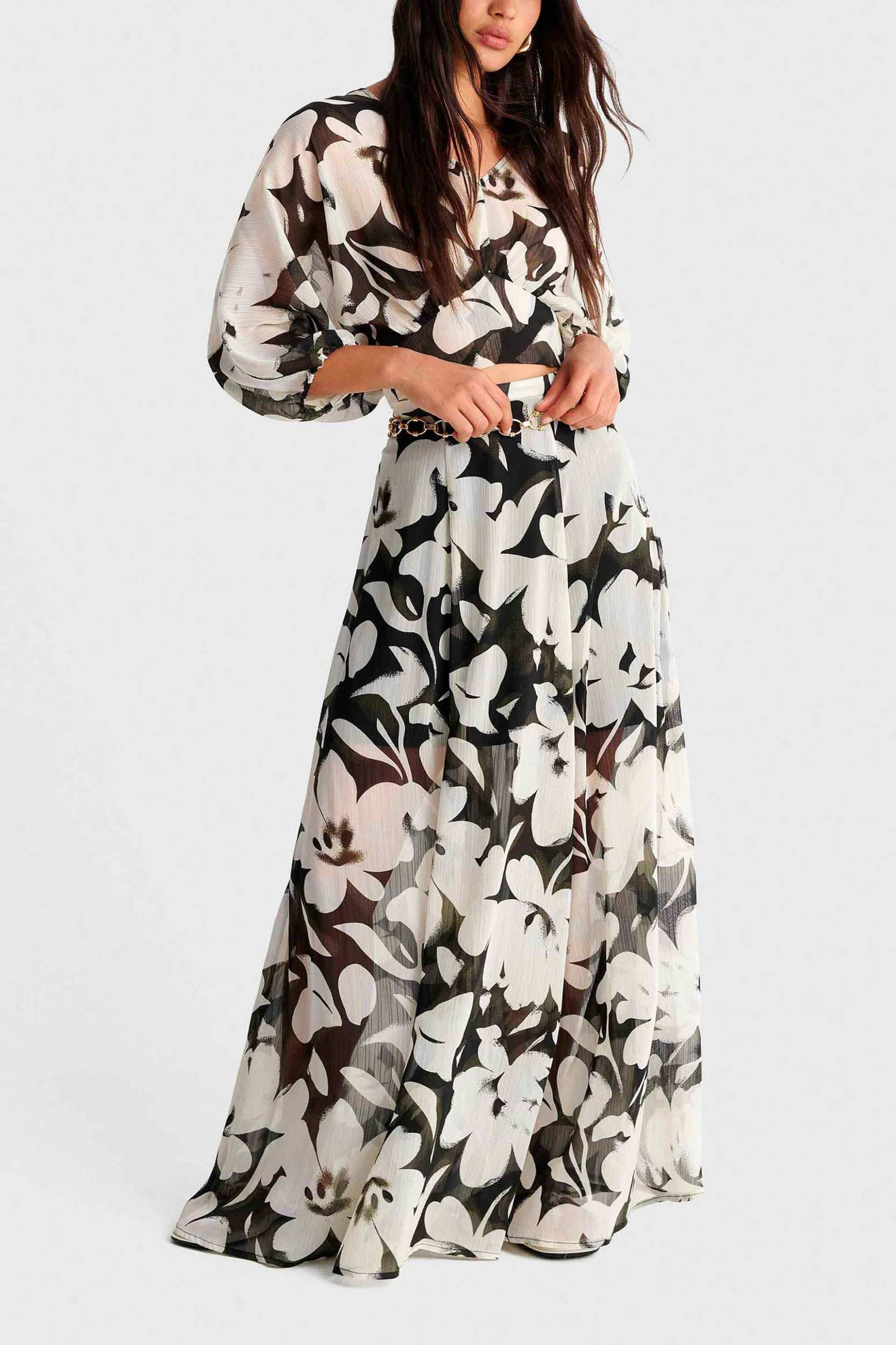'ALE γυναικεία maxi φούστα με floral print και διαφάνεια - 8923050 Ασπρόμαυρο