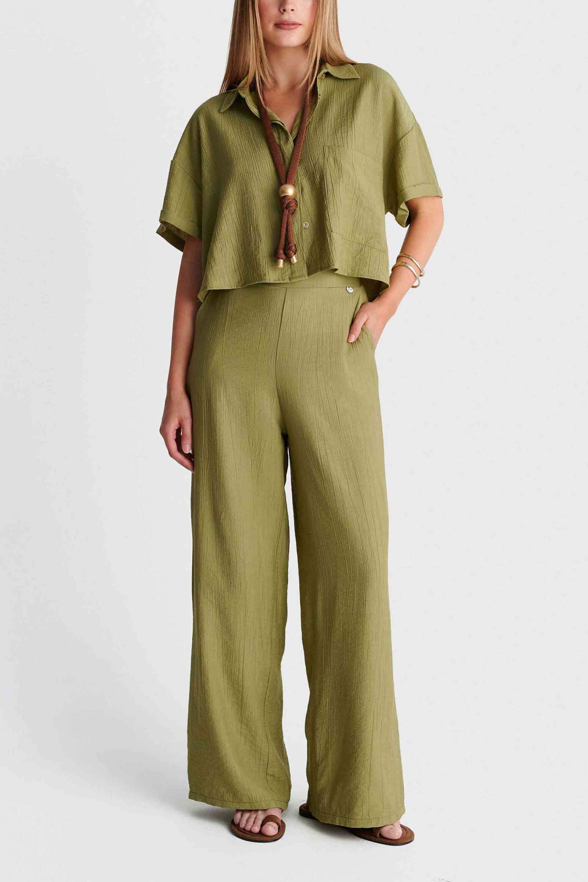 'ALE γυναικεία παντελόνα μονόχρωμη Loose Fit - 8923635 Λαδί